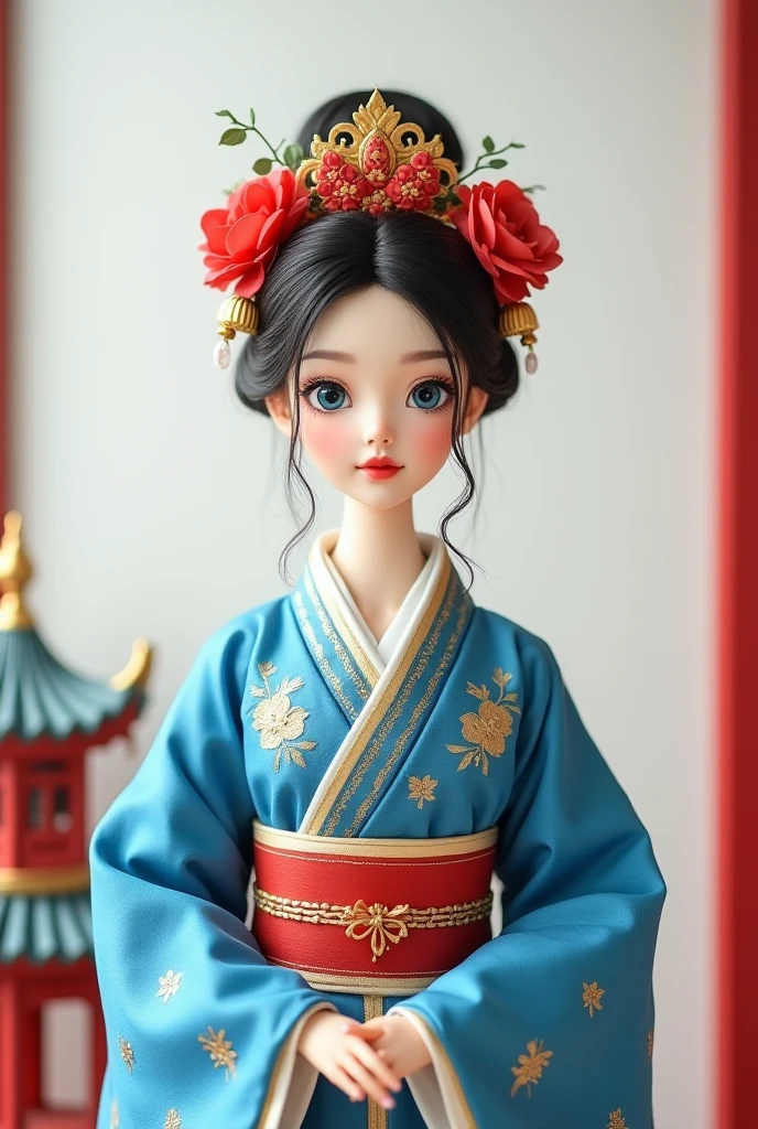 wool felt,felt,Plush ,adolable,Masterpiece, Best quality, Super detailed, illustration, 1 woman, 21 years old, Beautiful eyes, Close up, Smile, TRADITIONAL CHINESE COSTUMES,A wool felt doll。Bedrooms。