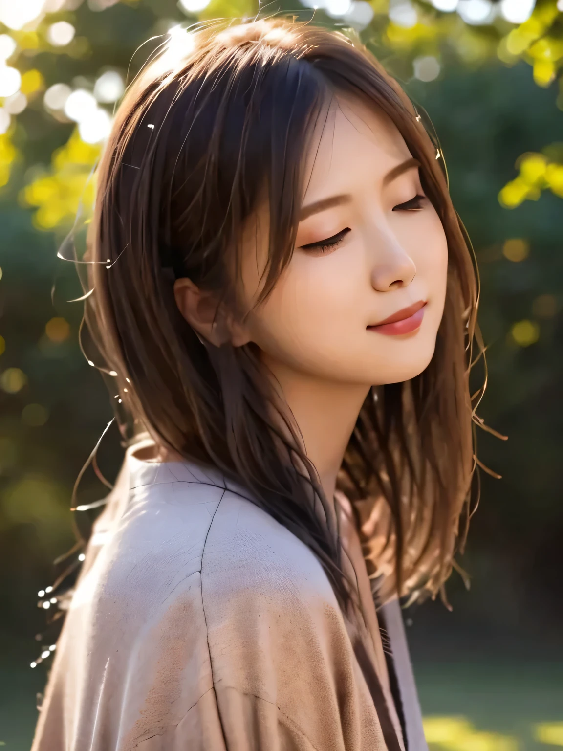 Depict a 20-year-old, very beautiful woman standing in a lush, green park at sunset. The warm light of the evening sun bathes the scene in a golden glow. She is facing forward, her eyes gently closed, her cheeks slightly flushed, and her face tilted slightly upward as if anticipating a kiss. The atmosphere is serene and romantic, with the soft colors of the sunset complementing the tranquil surroundings. 1 woman。黒い髪、ロングヘア、フローティングヘア。