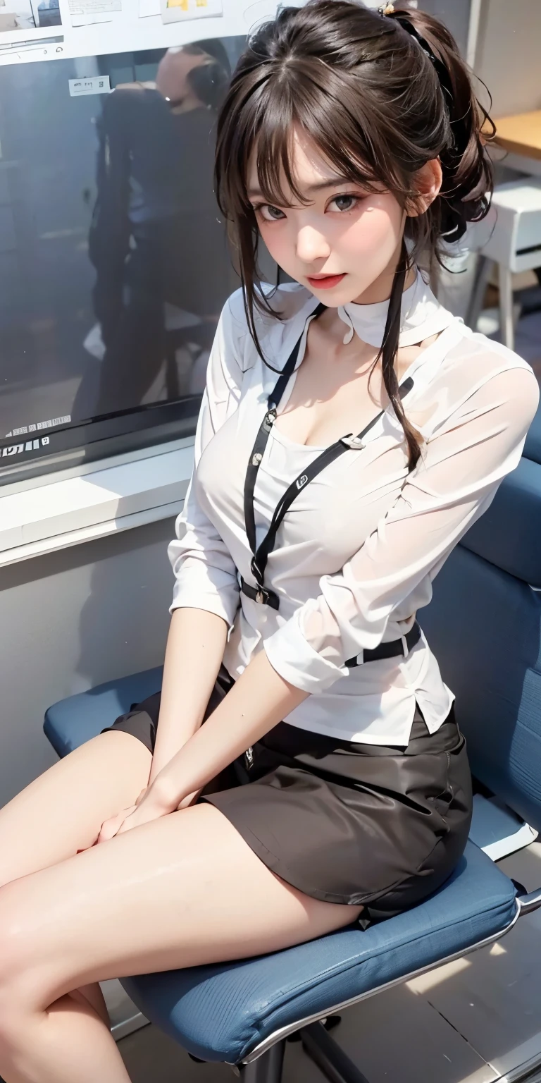 a 18 year old face of the most beautiful actress in the world, the perfect body proportions of a female, formal shirt being worn on upper body is tight thanks to large breasts, labia under clitoris are seen through white panties between opened legs, pretty short hair cut above the ears for a female, sitting on a chair, at the city street, best quality, highly detailed, masterpiece, ultra high res, photo realistic, 8k