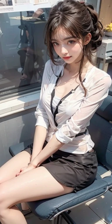((Best of the highest quality, 8k, Masterpiece: 1.3, raw photo)), Sharp focus: 1.2, (1 AESPA girl: 1.1), (Solo: 1.18), (realistic, photo-realistic:1.37), face focus, cute face, finely eyes, (Small breasts, flat chest, Thigh: 1.3), full nude, (white business shirt, no panties: 1.2), short messy hair, sitting, terminal, airport, (from below: 1.2)