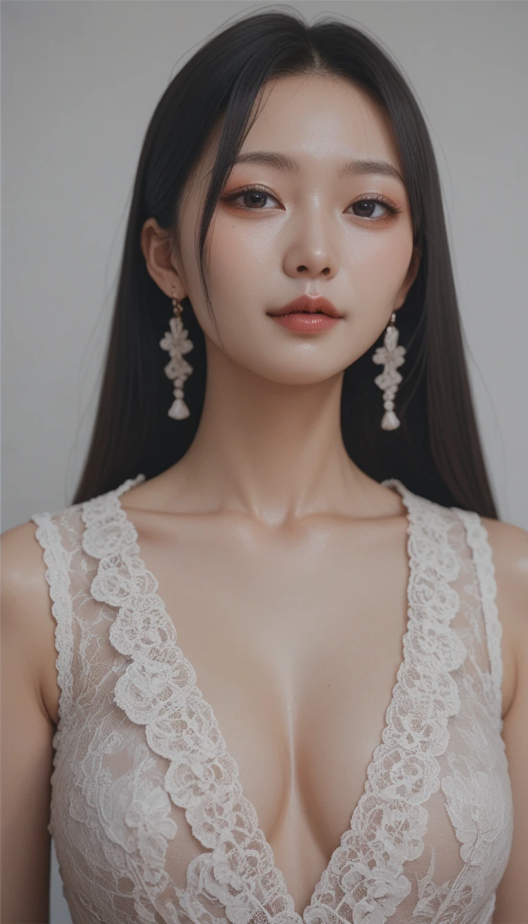 Canon RF 85mmf/1.2,masutepiece,Best Quality,超A high resolution,tu,1 girl,(Korean mixed,Kpop Idol:1.2),Solo,white_shiny_skin,Black eyes,Necklace,brown_long_Wavy_hair,Red lipstick bright_shiny_Lips,Eyelashes,Bangs,deal,make - up,shiny,Pore,skin texture,Bracelet,off shoulders,See-through,Big breasts