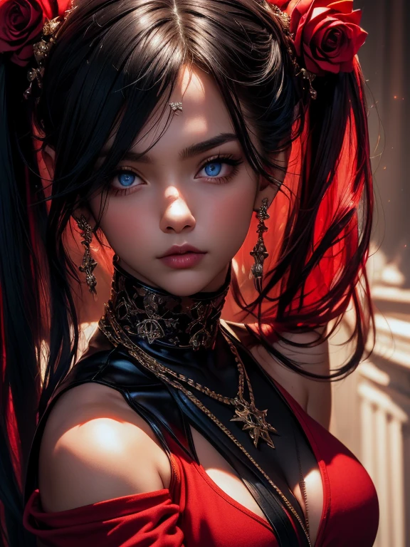 here is old broken an dusty coliseum arena, on arena stand mechanical doll ( she look like women with beautiful face features with crack on her face, she have green eyes long black hair with silver highlights dressed in old thorn red dress and highheels boots) doll have smile on her face and same time there is tears on her sad eyes, (ultra high quality fantasy art, dark fantasy, masterpiece, ultra highquality character design, 8k quality anime art, top quality wallpaper illustration, detailed ultea high quality acurrate face, highquality design and acurate physic )