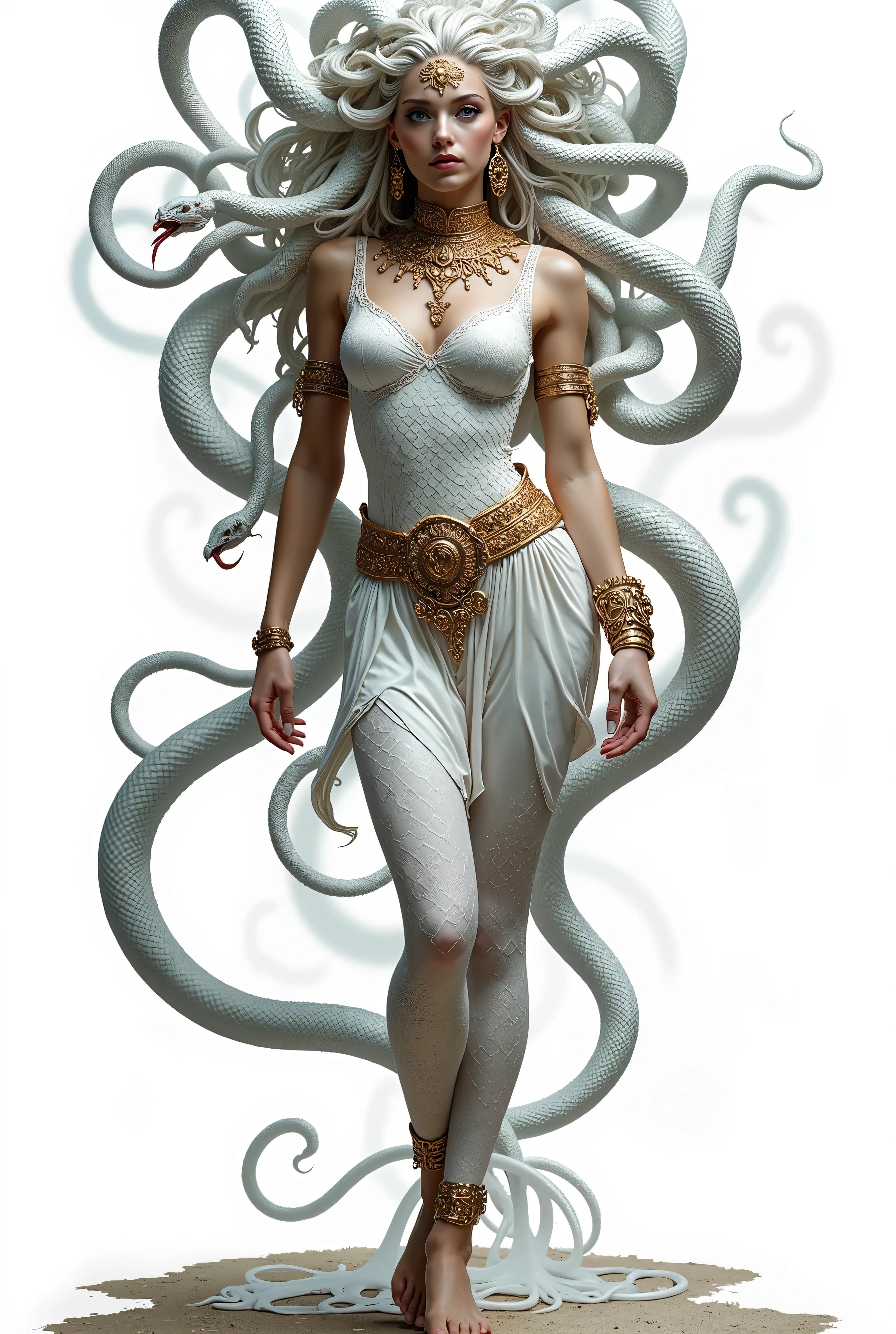 Medusa Greek mythology, (Ancient Greek dress:1.3), (gold and silver accessories, wide collar, bracelets, armlets, bangles, earrings, wide waist belt), The hair of many snakes, image of a white snake all over, white skin covered with shiny scales, sky blue eyes, slightly open moist lips, small fangs, showing red tongue, thin waist, wide hips, curvy perfect body, (Stand with hands on hips and legs open, full body shot:1.3), view from below, white snake image,