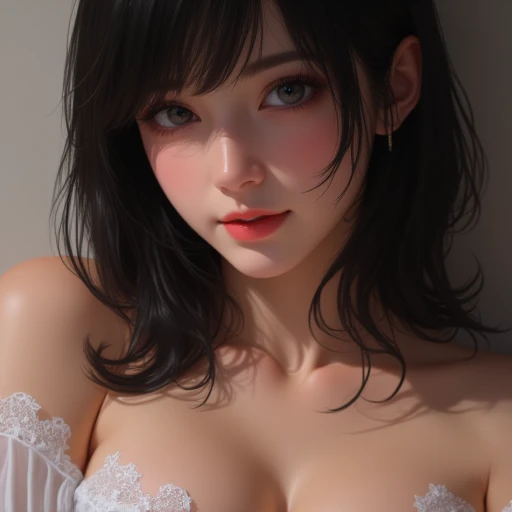 masterpiece, best qualitiy, RAW photos, realisticlying, A high resolution, hyper-detailing, Focus on the face, looking at viewer, Detailed eyebrows, realistic beautiful eyes, realistic glossy skin, straight Bangs, realistic movie lighting, detail shaded, high contrast, Slender, big boob, Big breasts, Exposed cleavage, open mouse, nsfw, Sexy face, Facial expressions when receiving pleasure, ((Dark background)),