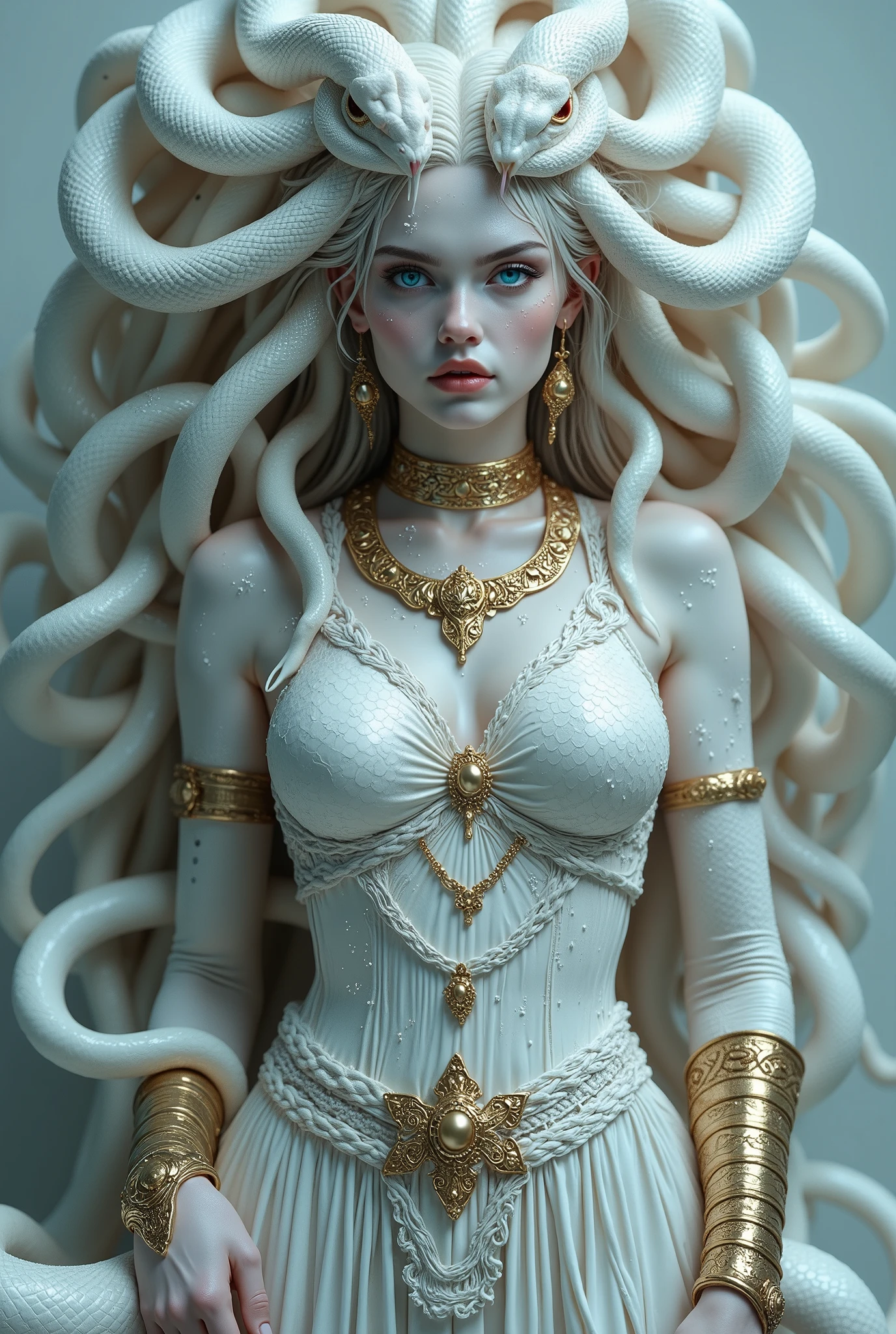 Medusa Greek mythology, (Ancient Greek dress:1.3), (gold and silver accessories, wide collar, bracelets, armlets, bangles, earrings, wide waist belt), The hair of many snakes, image of a white snake all over, white skin covered with shiny scales, sky blue eyes, stare at the viewer with glowing blue eyes, slightly open moist lips, small fangs, showing red tongue, thin waist, wide hips, curvy perfect body, (Stand with hands on hips and legs open, full body shot:1.3), view from below, white snake image,