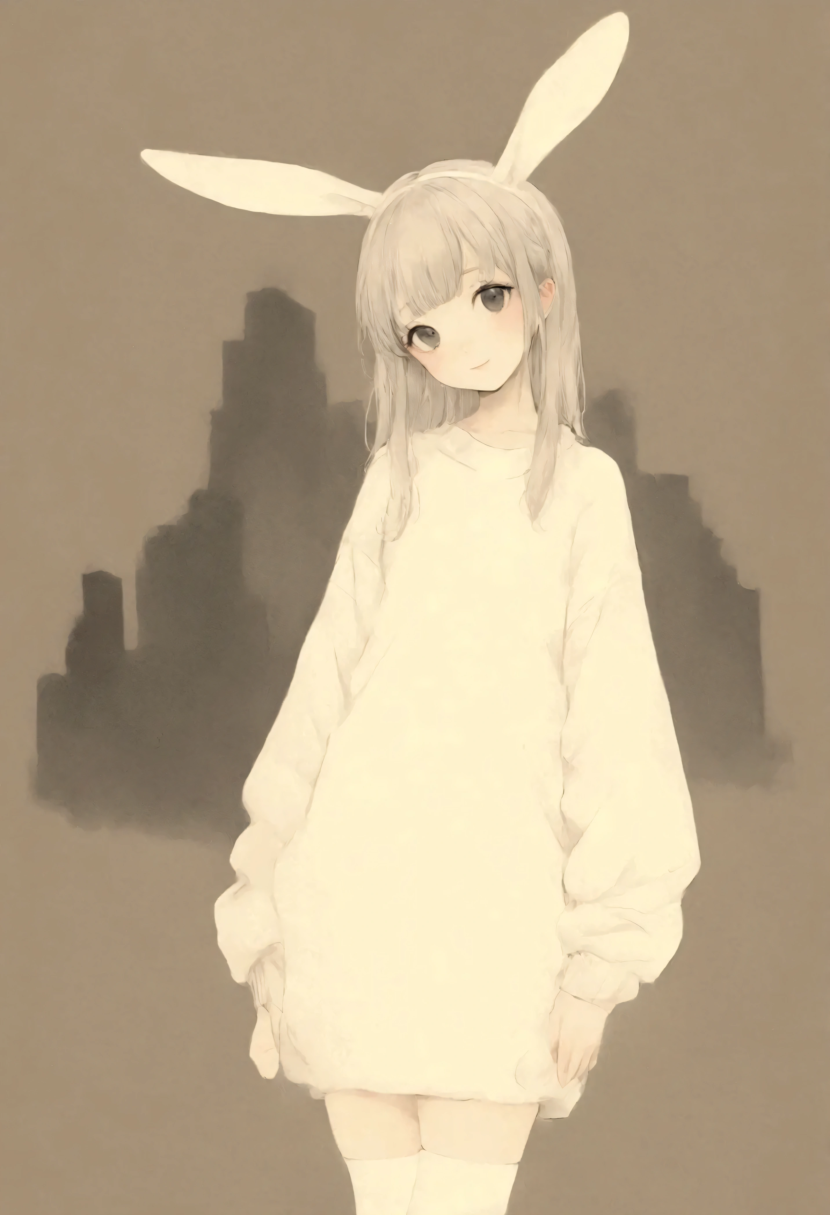 pretty strong transformation 、 cute anime girl with small head and body 、 Cute rabbit ears are smiling 、Bold poses、 dreamy cute 、Sickly cute、 simple oversized pullover 、 Knee High Socks 、 urban background、 poster style 、flat-colors、 Carefully calculated 、 arranged motifs 、HIGH QUALITY DESIGN 、 kitschy aesthetics