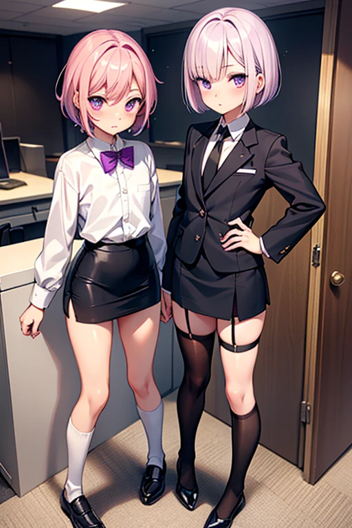 Thick short hair with a purple white gum，Two small knots of hair，It is tied with a yellow bow，Apricot pupils，A group of lawyers dressed in pink, yellow and white，With a group of white-framed glasses，A cute girl with fierce milk