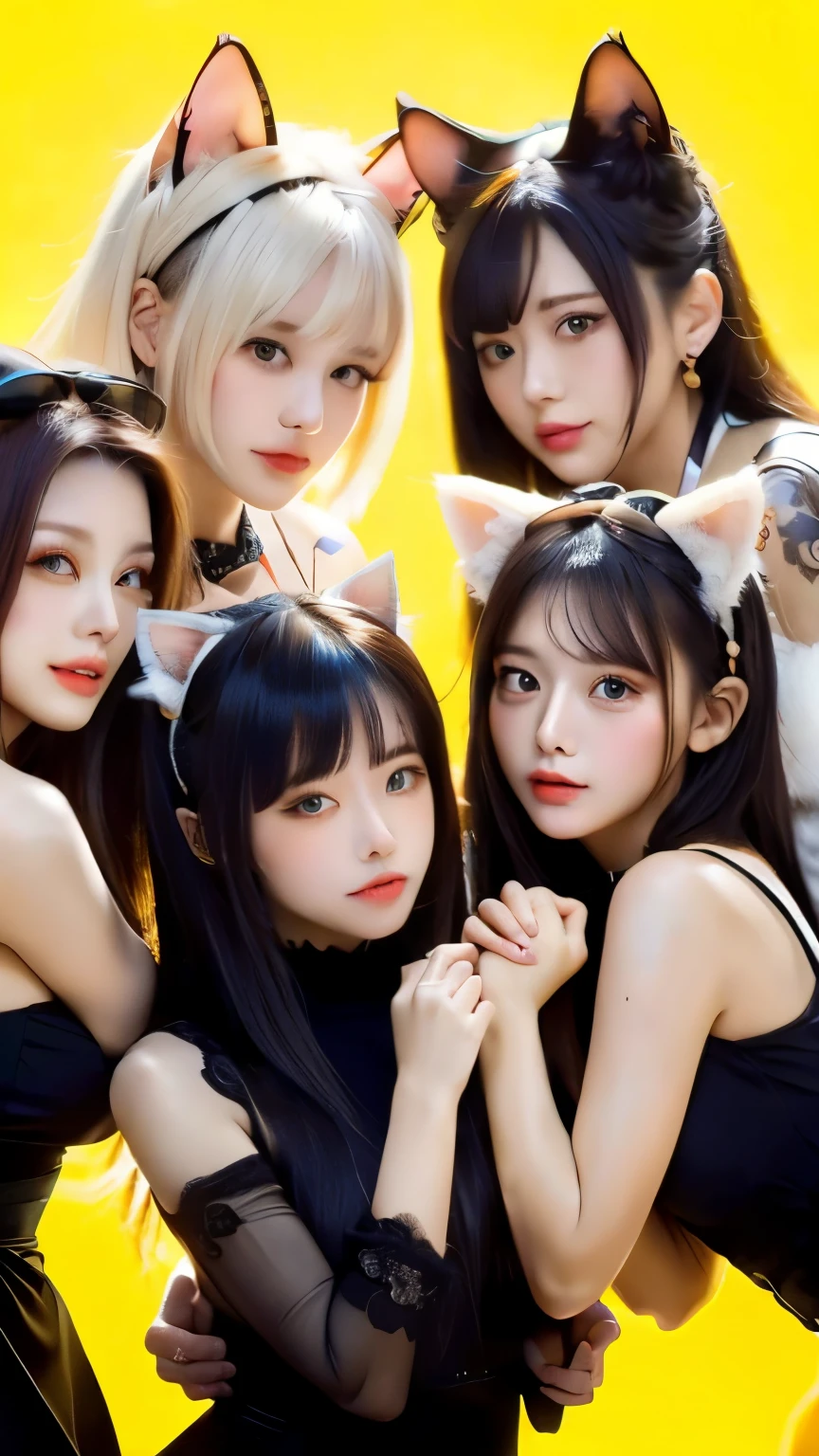 masterpiece, 4k, Bokeh, beautiful face, Harem, (multiple girls:1.4), (Group Photo:1.5), (Cat ears:1.3), (white bob hair:1.3) , looking at the viewer, cowboy shot, holding many cats in both hands, (Yellow background :1.4), closeup