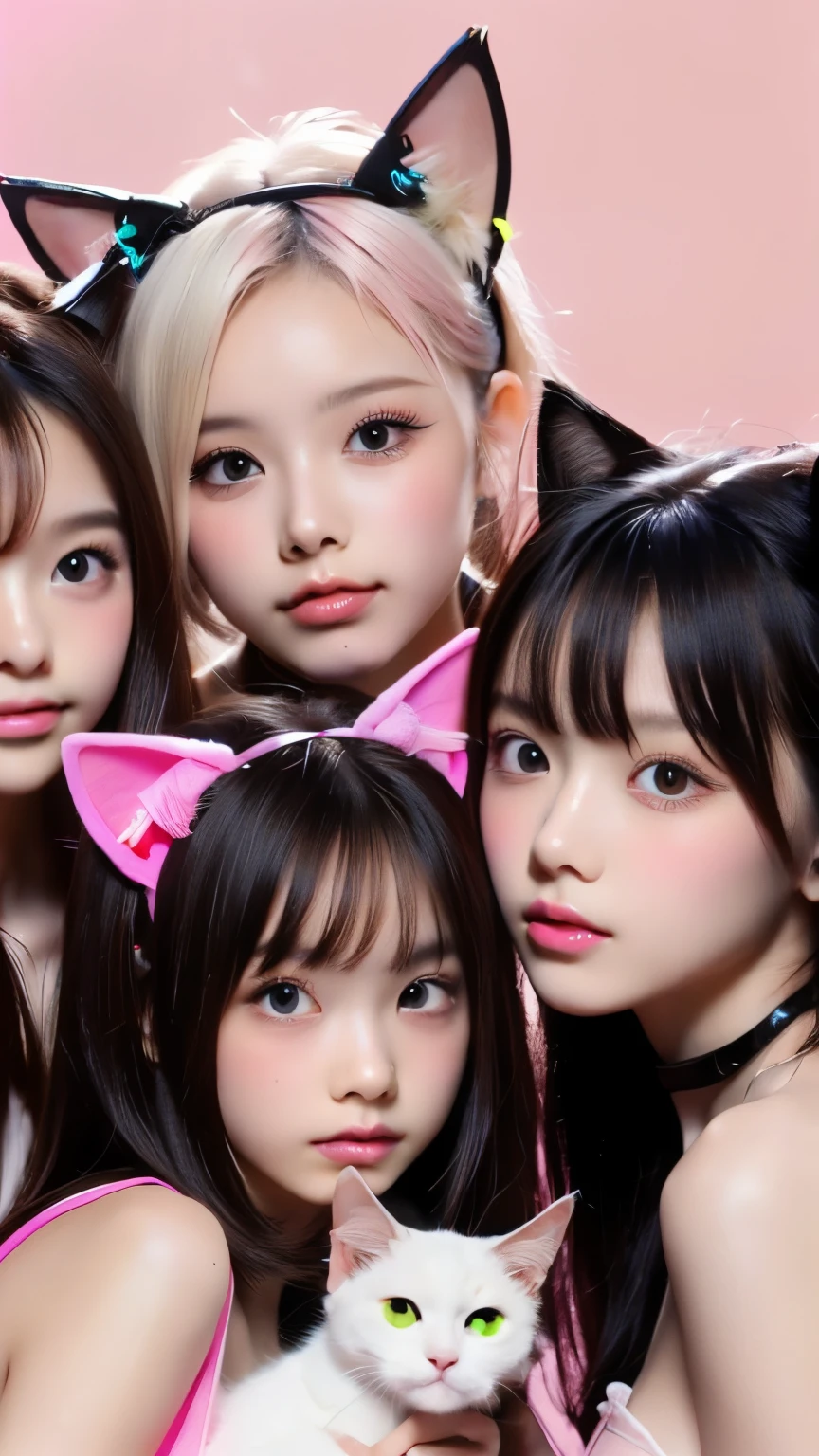 masterpiece, 4k, Bokeh, beautiful face, Harem, (multiple girls:1.4), (Group Photo:1.5), (Cat ears:1.3), (white bob hair:1.3) , looking at the viewer, cowboy shot, holding many cats in both hands, (Neon pink background :1.4), closeup