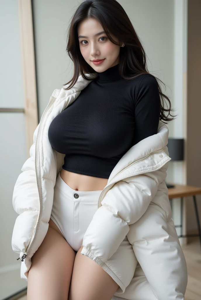 (masterpiece, best quality, cinematic, photorealistic, ultra-detailed), 1girl, thicc, (medium shot, from below:1.5), (Brazilian girl), (long sleek brunette hair, with bangs:1.3), perfect hands, perfect face, (bursting breasts:1.4), round ass, (white and smooth complexion), (wears white hooded and furred sweater, black shirt and skirt:1.3), (seductive pose), (hazel eyes, detailed pupils, blushing, slightly parted lips, nude lips), sitting crossed legs, (snowy background)