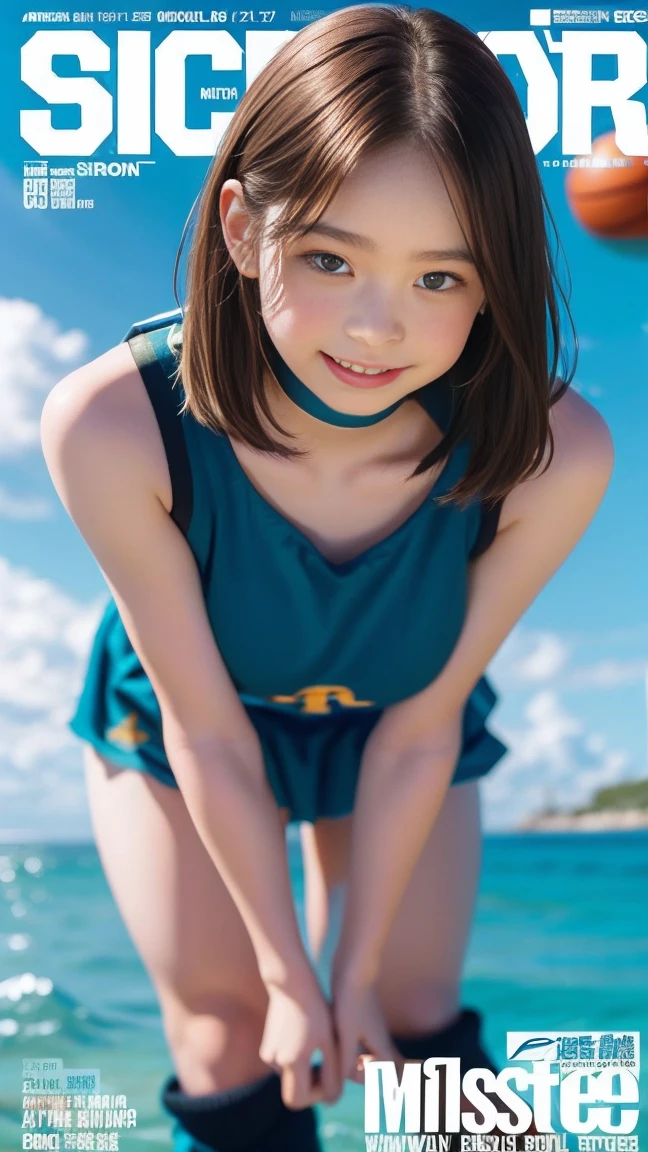 Highest quality、masterpiece、beautiful、Detailed、Age: 12、Beach、dynamic pose、Angle from below、smile