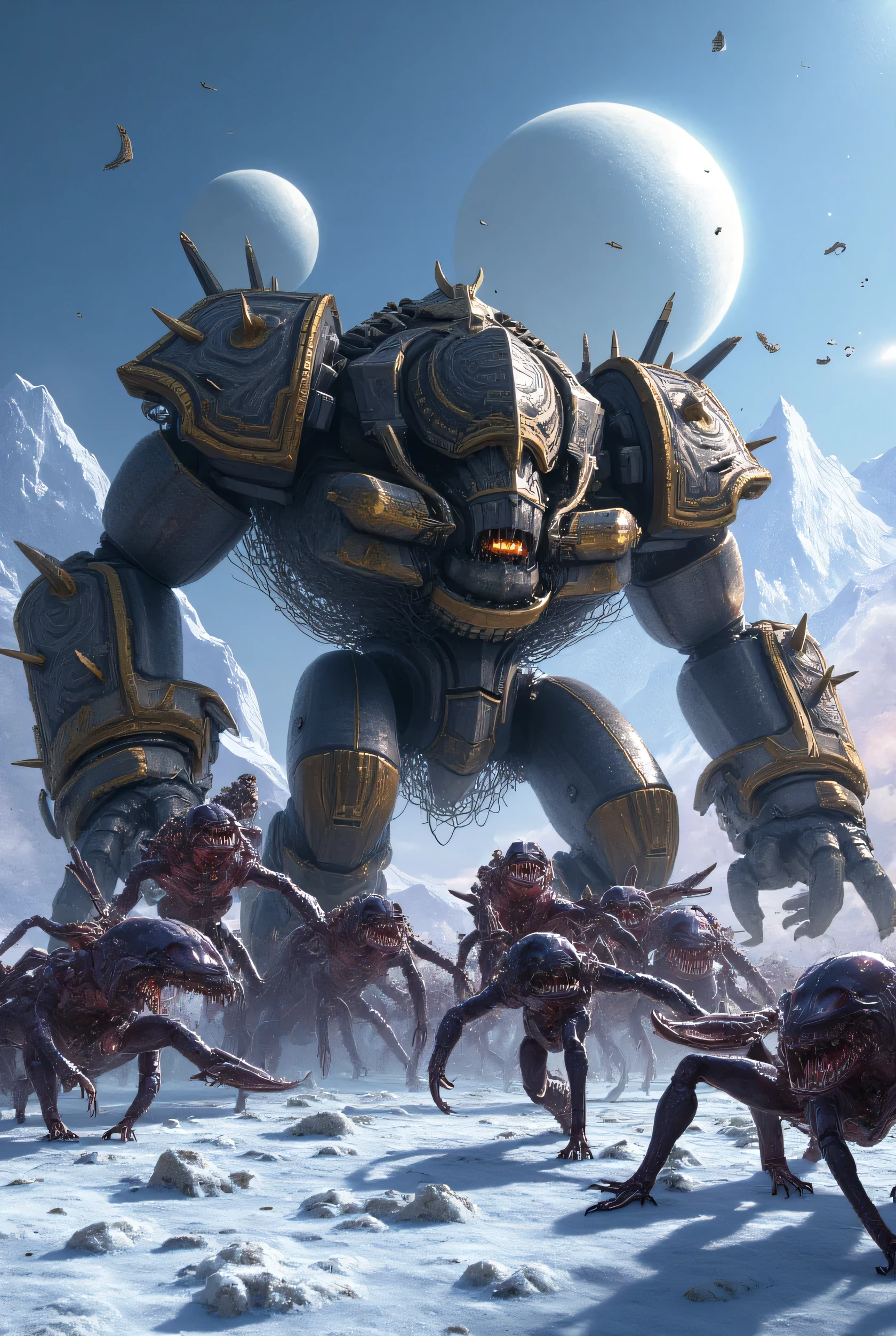 zergi, Tyranids, different creatures attack and tear to shreds a huge mechanized cyborg robot, on an icy planet , two suns in the background. In the foreground, zergs and creatures