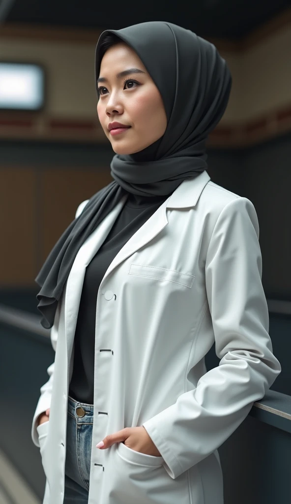 photorealistic, high resolution, 1 muslim woman, solo, hips up, look at viewer, (detailed face), white hair, hijab, doctor outfit, name tag