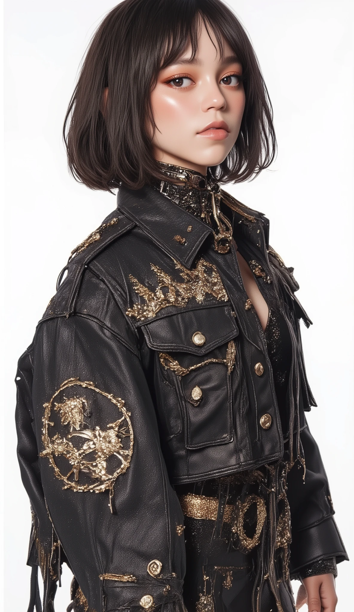 Using Costumes , short dark hair , 19-Year-Old Female K-pop Idols Y2k , Swag Characters , white background
