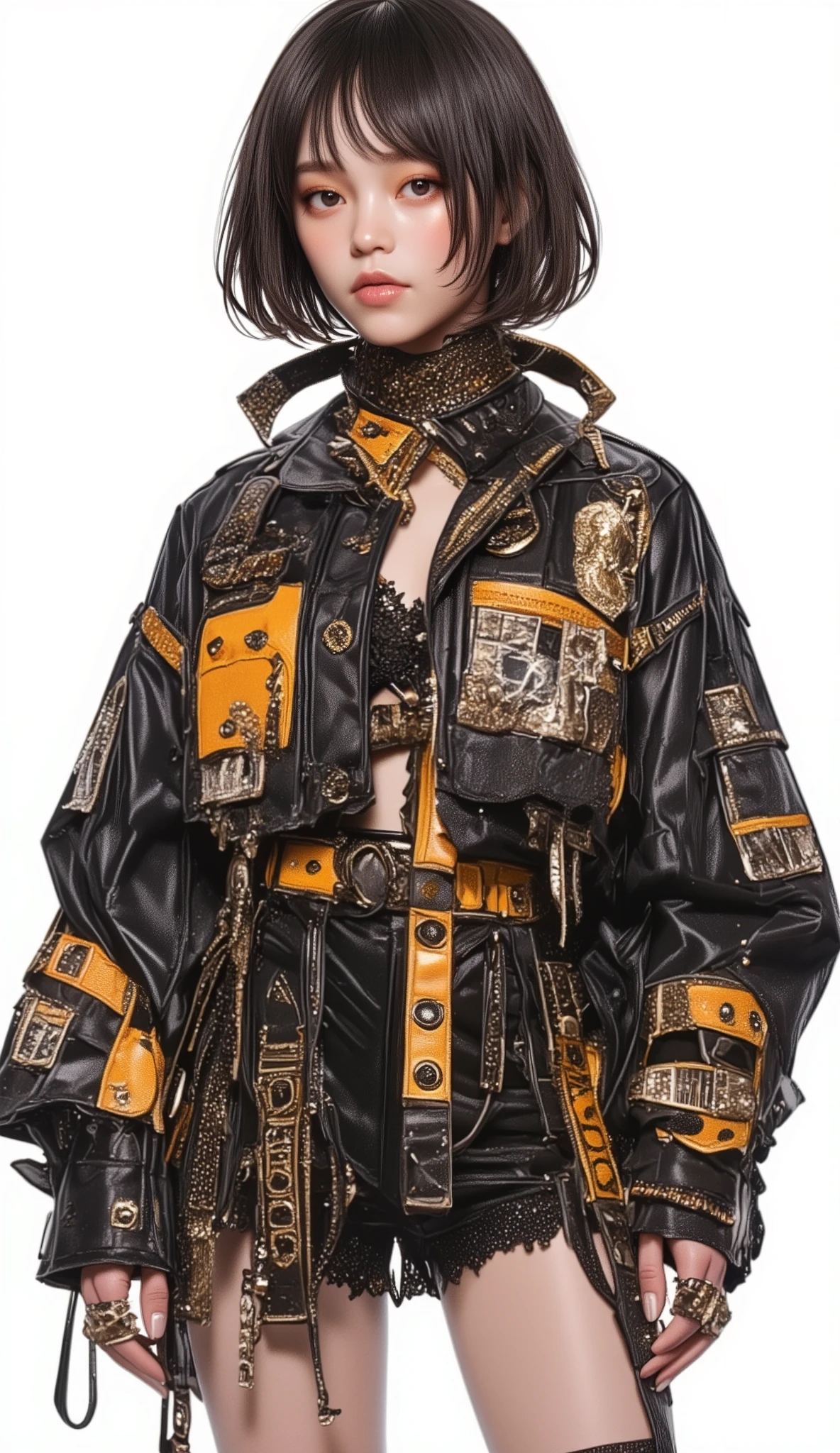 Using Costumes  ,  short dark hair  ,  19-Year-Old Female K-pop Idols Y2k ,  Swag Characters  ,  white background