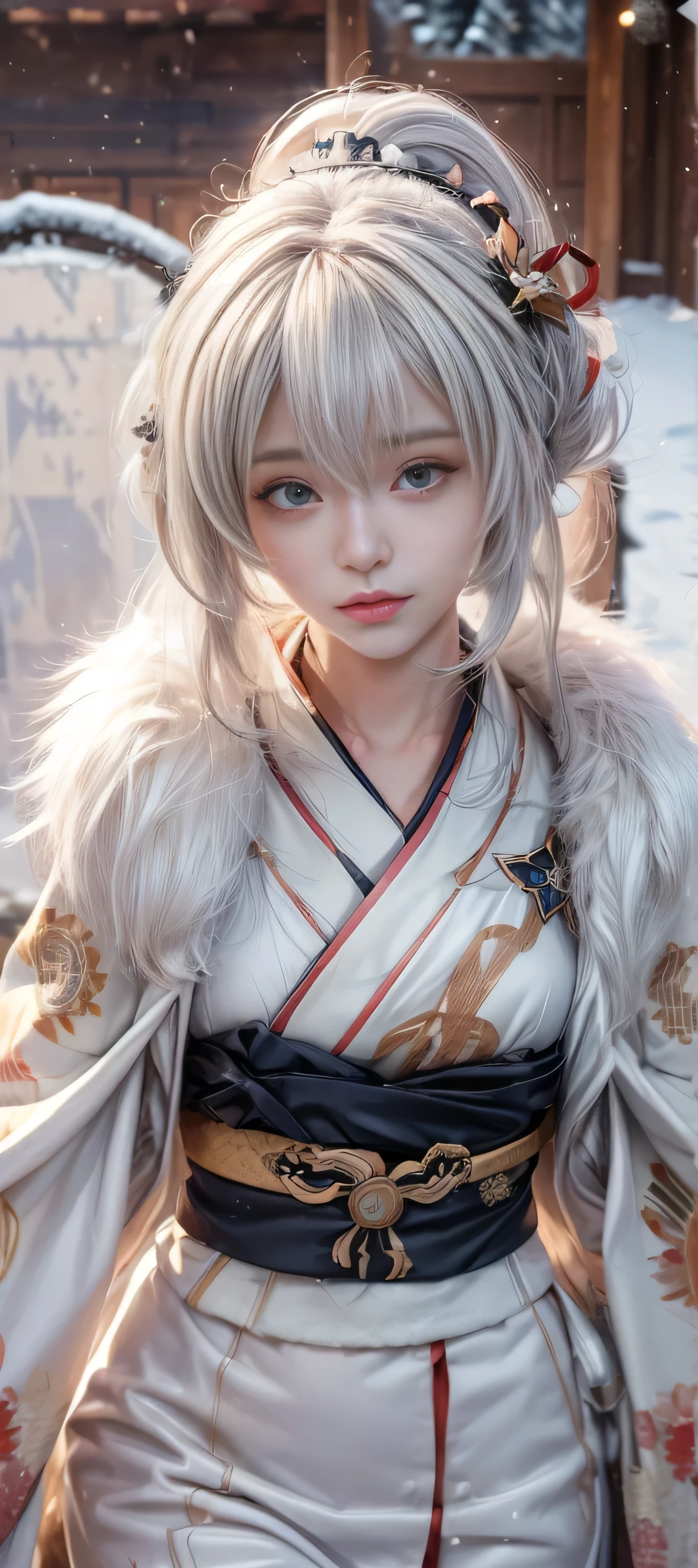 masterpiece, best quality, (realistic,photo-realistic:1.4), (RAW photo:1.2), extremely detailed CG unity 8k wallpaper, delicate and beautiful, amazing,finely detail, official art, absurdres, incredibly absurdres, huge filesize, ultra-detailed,extremely detailed eyes and face,light on face, teletha testarossa,(white hair:1.4),(long hair:1.4),(wearing honkai impact outfit:1.5),(winter background:1.5),(fur kimono:1.4),( girl:1.7)