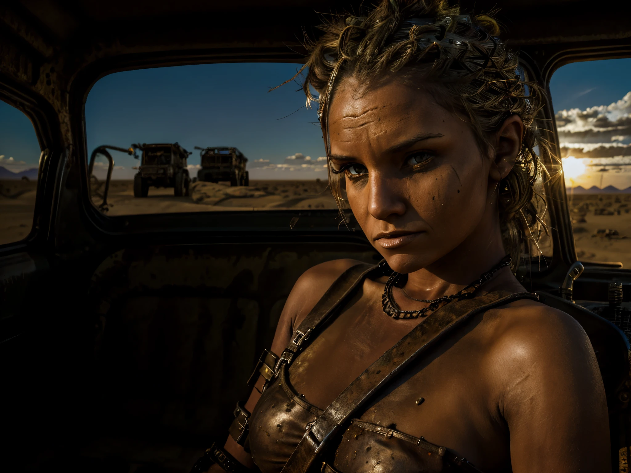 (masterpiece, best quality:1.4), photo, post apocalyptic, dirty, dusty, a beautiful young woman, upper body, punk, (sun bleached hair), serious look, (dusty worn clothes), (skull tattoo), grey scarf, dirty, dusty, wasteland punk, desert, ((junkyard)), tents, award winning photo, (lensflare)