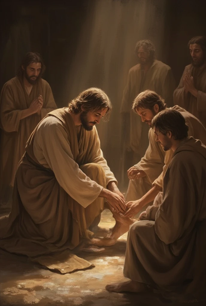 Jesus christ washing his disciples feet, in a house, with his 12 disciples