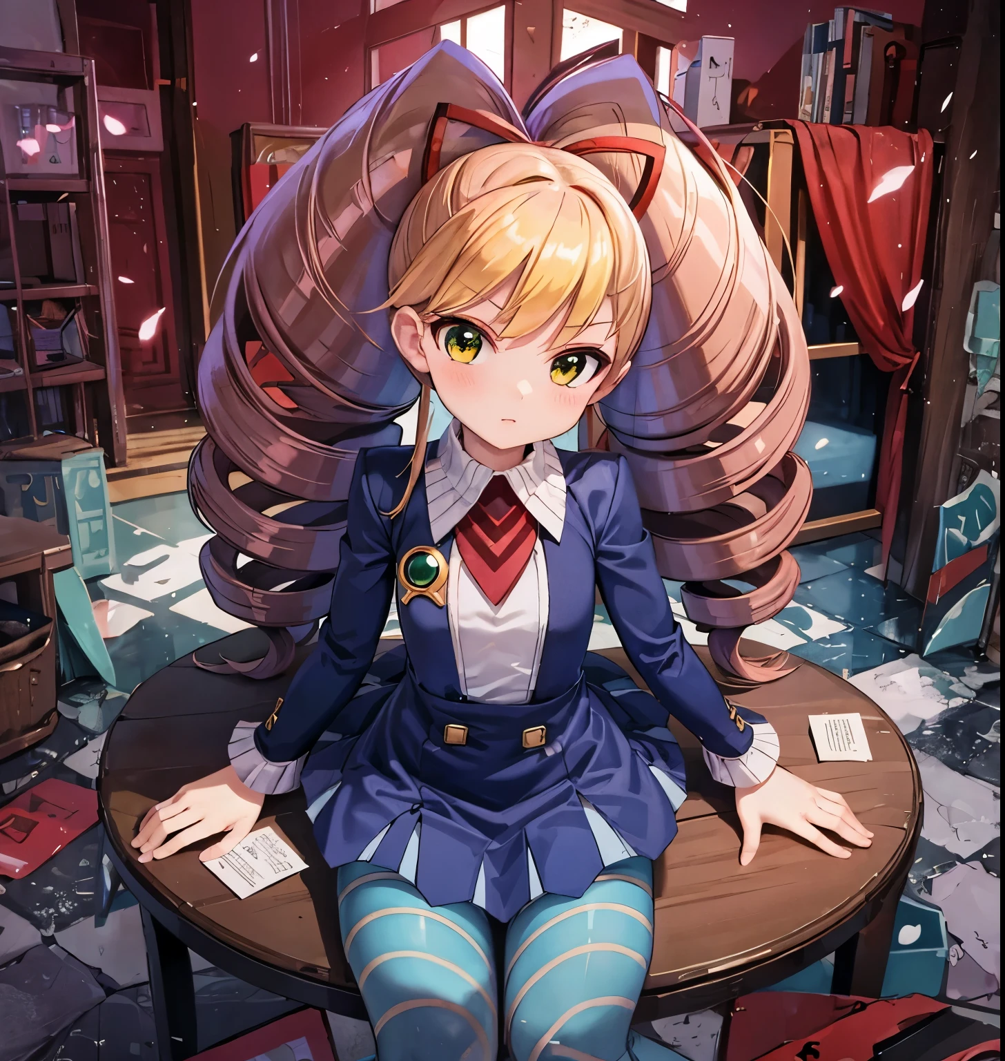 twintails,twin drills,dress,blue pantyhose,striped pantyhose,yellow hair