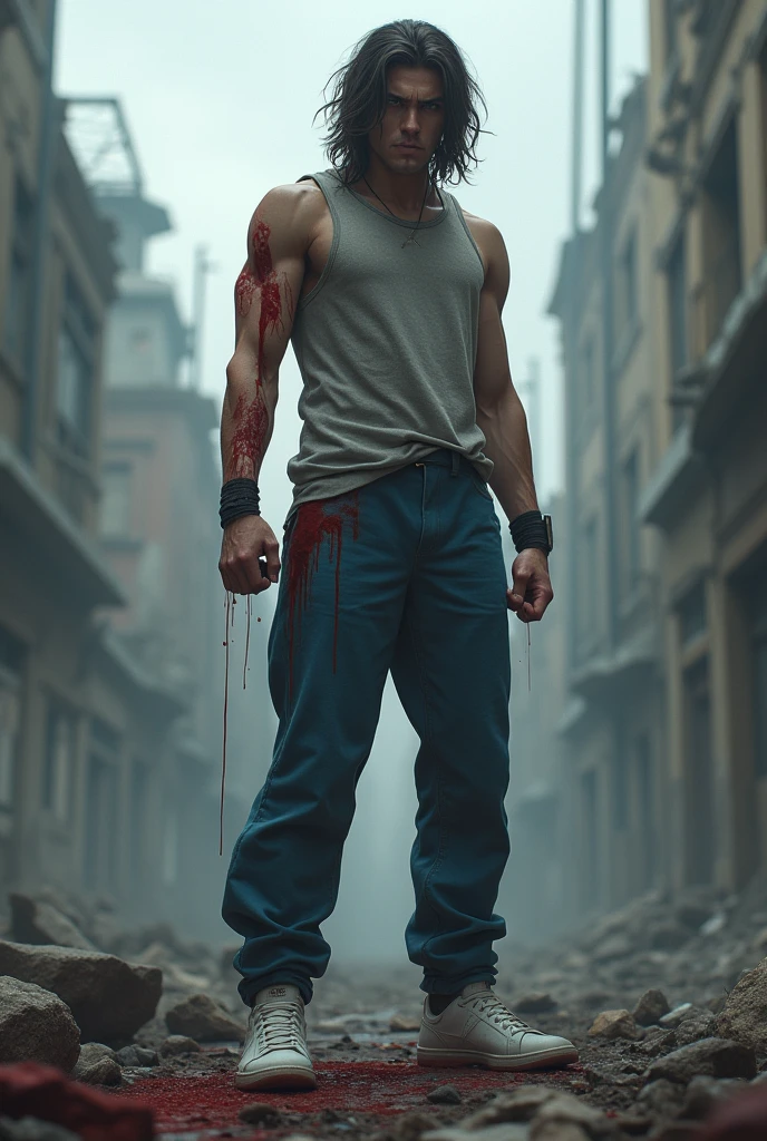 A man with an aged appearance but a young physique with a deformed face, and full of scars and burns caused by a fire surviving in a zombie apocalypse