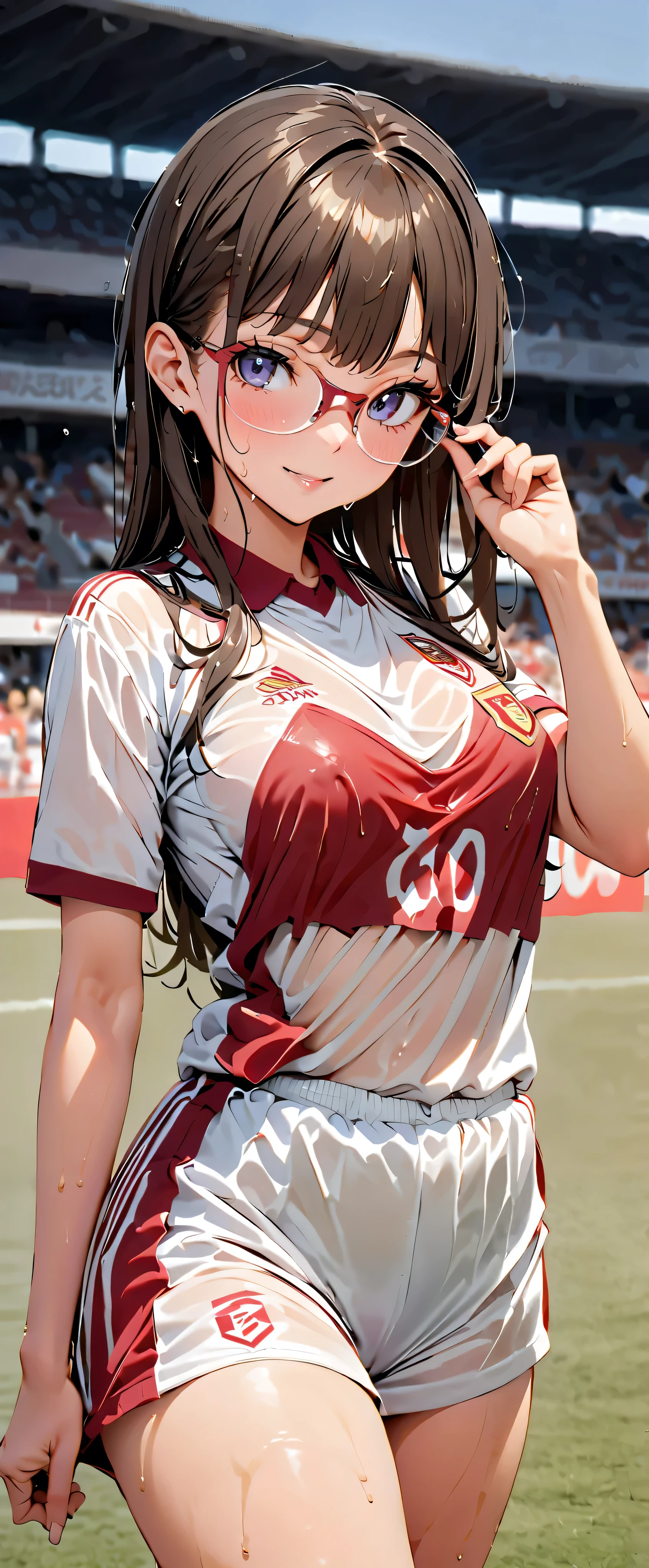 (Masterpiece, best quality , super A high resolution), Japanese woman, ((( very beautiful 20 year old girl ))), Cute Girl 、Staring at the photographer、 (), SUPER CUTE FACE , glossy lips, double eyelids , natural smile 、 natural cosmetics, long lashes, smooth and shiny hair 、【Image Center, Perfect Limbs , perfect anatomy,((( soccer uniform)))、(Wet with sweat),, small tits, see-through,, Moving Poses ((Glasses)),( wet from sweat) Soccer Stadium, skinny, the clothes show through and you can see the bra