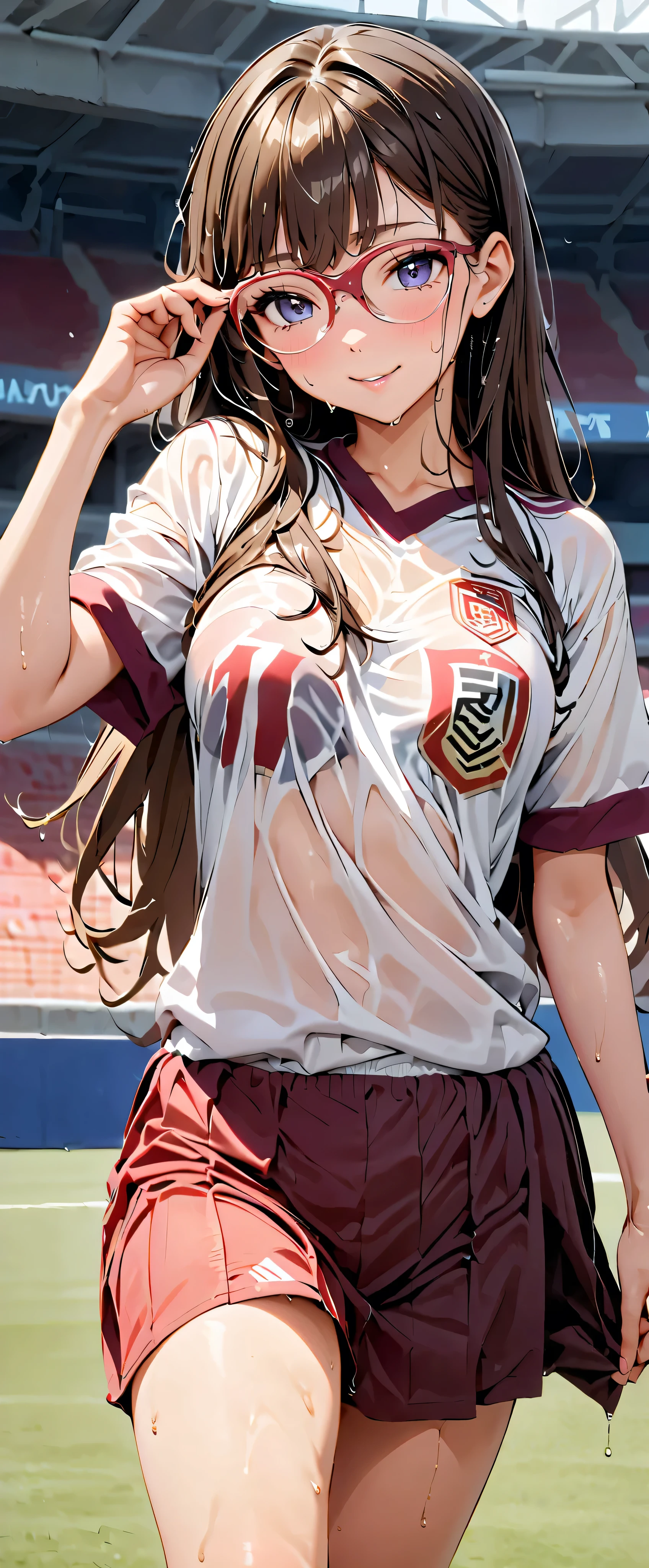 (Masterpiece, best quality , super A high resolution), Japanese woman, (((  very beautiful 20 year old girl ))),  Cute Girl 、Staring at the photographer､  (),   SUPER CUTE FACE ,  glossy lips,  double eyelids , natural smile 、  natural cosmetics,  long lashes, smooth and shiny hair ､【Image Center,   Perfect Limbs ,  perfect anatomy,((( soccer uniform)))、(Wet with sweat),, small tits, see-through,, Moving Poses ((Glasses)),( wet from sweat) Soccer Stadium, skinny, the clothes show through and you can see the bra
