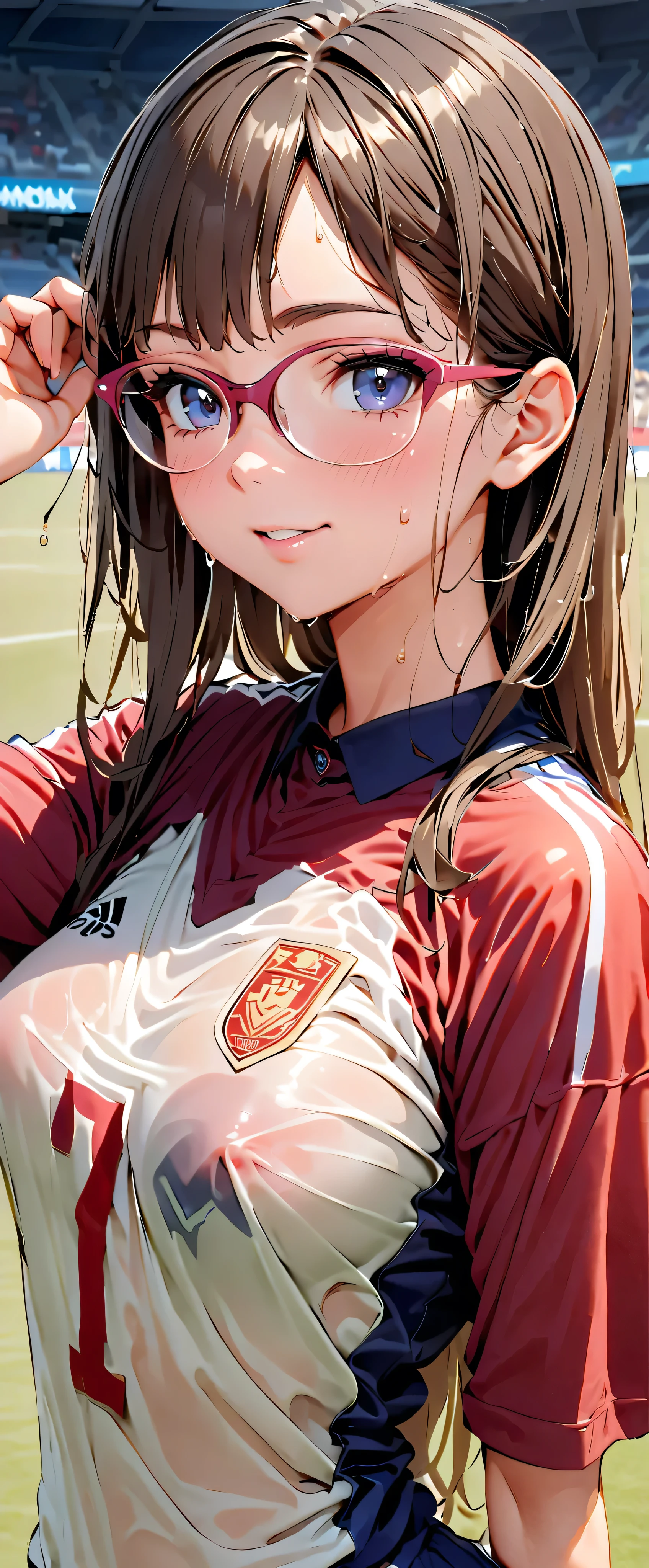 (Masterpiece, best quality , super A high resolution), Japanese woman, ((( very beautiful 20 year old girl ))), Cute Girl 、Staring at the photographer、 (), SUPER CUTE FACE , glossy lips, double eyelids , natural smile 、 natural cosmetics, long lashes, smooth and shiny hair 、【Image Center, Perfect Limbs , perfect anatomy,((( soccer uniform)))、(Wet with sweat),, small tits, see-through,, Moving Poses ((Glasses)),( wet from sweat) Soccer Stadium, skinny