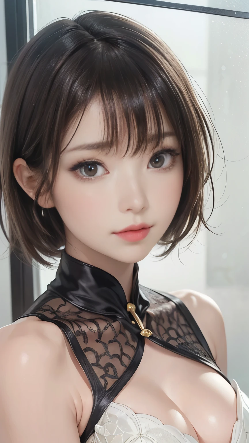 masterpiece、highest quality、High resolution、Tabletop、wallpaper、Realistic、Bright lighting、Professional Lighting、Face Light、Smooth lighting、Japanese women、Adult female、Beautiful woman、The actress plays、gravure、sexy、so beautiful、Beautiful Skin、Beautiful and detailed、Detailed face、slim、Medium large breasts、short hair、Brunette colored hair、Brown eyes、Looking at the camera、The model is、Wears a black latex suit with pink and green detailed floral embroidery､The shiny finish of the suit、Contrasting with the soft texture of the embroidery、Highlights exquisite craftsmanship