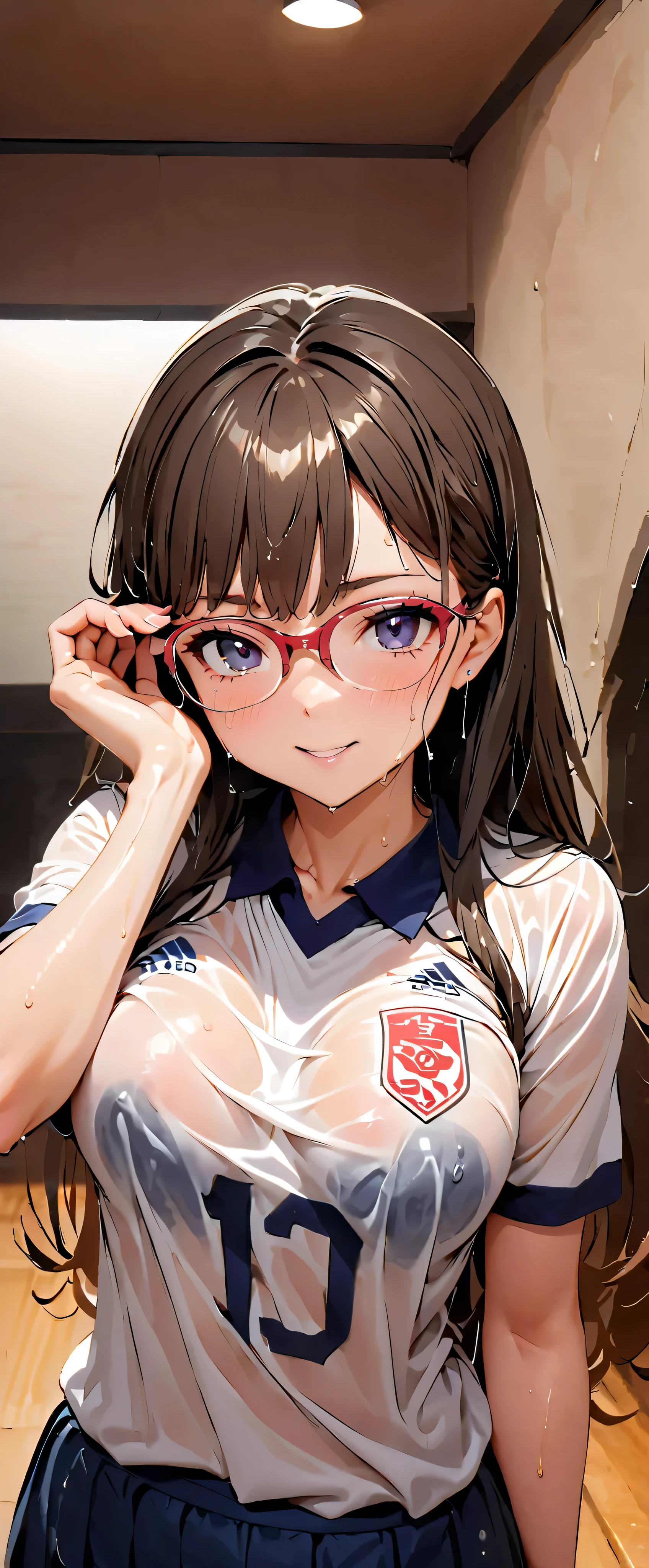(Masterpiece, best quality , super A high resolution), Japanese woman, (((  very beautiful 20 year old girl ))),  Cute Girl 、Staring at the photographer､  (),   SUPER CUTE FACE ,  glossy lips,  double eyelids , natural smile 、  natural cosmetics,  long lashes, smooth and shiny hair ､【Image Center,   Perfect Limbs ,  perfect anatomy,((( soccer uniform)))、(Wet with sweat),, beautiful breasts , see-through,, Moving Poses ((Glasses)),( wet from sweat)