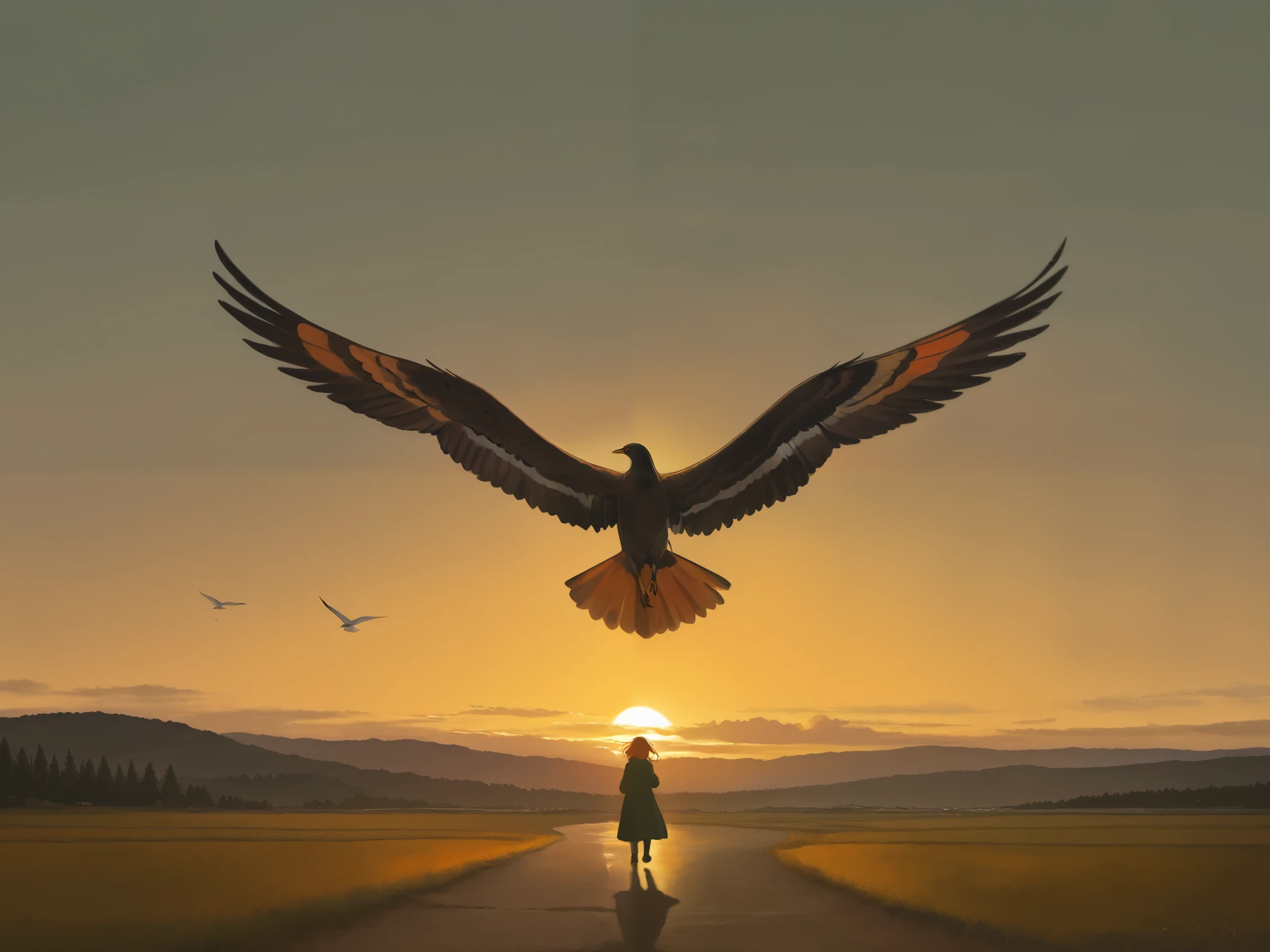 score_9, score_8_up, score_7_up, score_6_up, score_5_up, score_4_up,
BREAK
(masterpiece: 1.0), best quality, perfect anatomy, perfect composition, perfection,
BREAK
centered, a person standing on a hill, watching a massive flock of birds fly, mountains in background, green and orange color scheme, sunset, golden hour, beautiful,