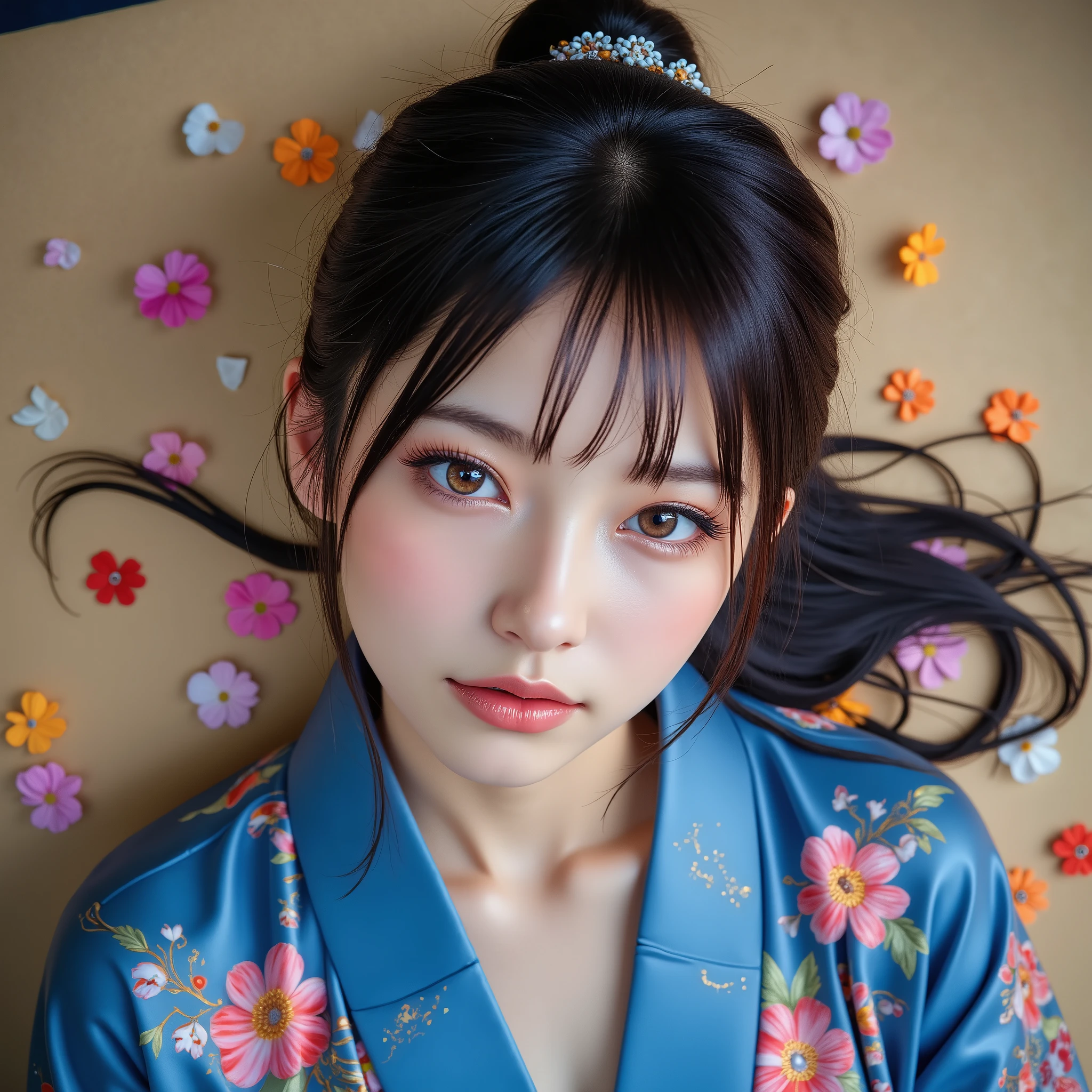 (Canon), (EOS R5), (50mm), (( Photorealistic:1.5)), (No lens flare :1.5), (超 high resolution), (masterpiece), accurate, ( realisticな質感の肌), more details, high detail, High Quality , Award-winning work , 最 High Quality , 32K, is written in depth, digital camera, Award-winning glamour photo , professional writing , ((最 High Quality :1.5)), ((masterpiece:1.5)), (( realistic)), high resolution, (とても美しくて可愛い1 personの日本人女性), ((Aerial view from above :1.5)), (( upper body shot lying on your back from head to knee :1.5)), (Full body shot lying on your back :1.4), ((A half-naked Japanese woman wearing a Japanese kimono)), ((Lying on your back on a beautiful tatami mat in a Japanese-style room :1.5)), (( lying on your back :1.5)), ((( wearing only Japanese kimonos , no underwear, no shoulder straps , Semi-nude:1.5))), ((( The front of the kimono is wide open to see the cleavage between the shoulders and bust :1.8))), (1 person), ((Beautiful and cute, 18 year old Japanese)), (( very cute high school girl with a good shape )), ( beautiful black hair ponytail), Very beautiful and sexy, Fascinating Beauty , seductive pose , Height: 160cm, slim figure, Beautifully shaped bust , D Cup, (A very cute, cheerful smile:1.5), (Alone:1.5), ( brown eyes:1.9), ( Detailed depiction of extremely realistic skin ), (Highly detailed, realistic eyes:1.9), (Very beautiful, long, realistic eyelashes), (Highly detailed, realistic eyebrows), (丸い brown eyes :1.8), ( beautiful catchlight on the eyes), (Realistic lips with moisture ), ( white realistic teeth arranged neatly), ( Beautiful and Detailed Face :1.6), (Hourglass body shape:1.6), (Wasp waist :1.5), ( Perfectly round and beautifully shaped bust :1.8), ( clearly contoured cheekbones :1.5), ( perfect style body :1.8), (Healthy body :1.8), (Narrow shoulders:1.9), ( staring at viewers ), ( seductive gaze ), (Beautiful, natural-looking hands), (Beautiful pink nails of perfect length), ( show your hands as little as possible ), ( very cute smile:1.1), (Waist, I can see my stomach:1.4), Intricate and detailed, colorful depiction , (( A blue Japanese kimono with a beautiful and cute floral pattern designed like an orchid:1.5)), (( The kimono is large and the shoulders and chest are quite exposed :1.3)), ((( off shoulder:1.8))), (( Beautiful blue Japanese kimono with a beautiful floral pattern )), ((Kimono with a flower pattern on blue fabric )), ((I can't show my feet)), 女性 1 person, Flower Hairpin, (Ikebana can be seen behind it ), extremely sexy sensual body , , like々 sensual elegance, Sexy Body, Sexy appearance, Lying on the tatami mat in a Japanese-style room, The groin and thighs are exposed , shot taken from directly above, ( Beautiful pink, yellow, and white petals are scattered on the tatami mat), Japanese style hairpin, Japanese Style Hair Ornament, A gentle-looking face, thin waist , ( Beautiful cleavage of the bust can be seen quite a bit ), ((I can't show my feet)), blur the background , Illuminate the face, dynamic pose, beautiful body line , Beautiful, realistic skin , Art Photography, beautiful soft lighting ,