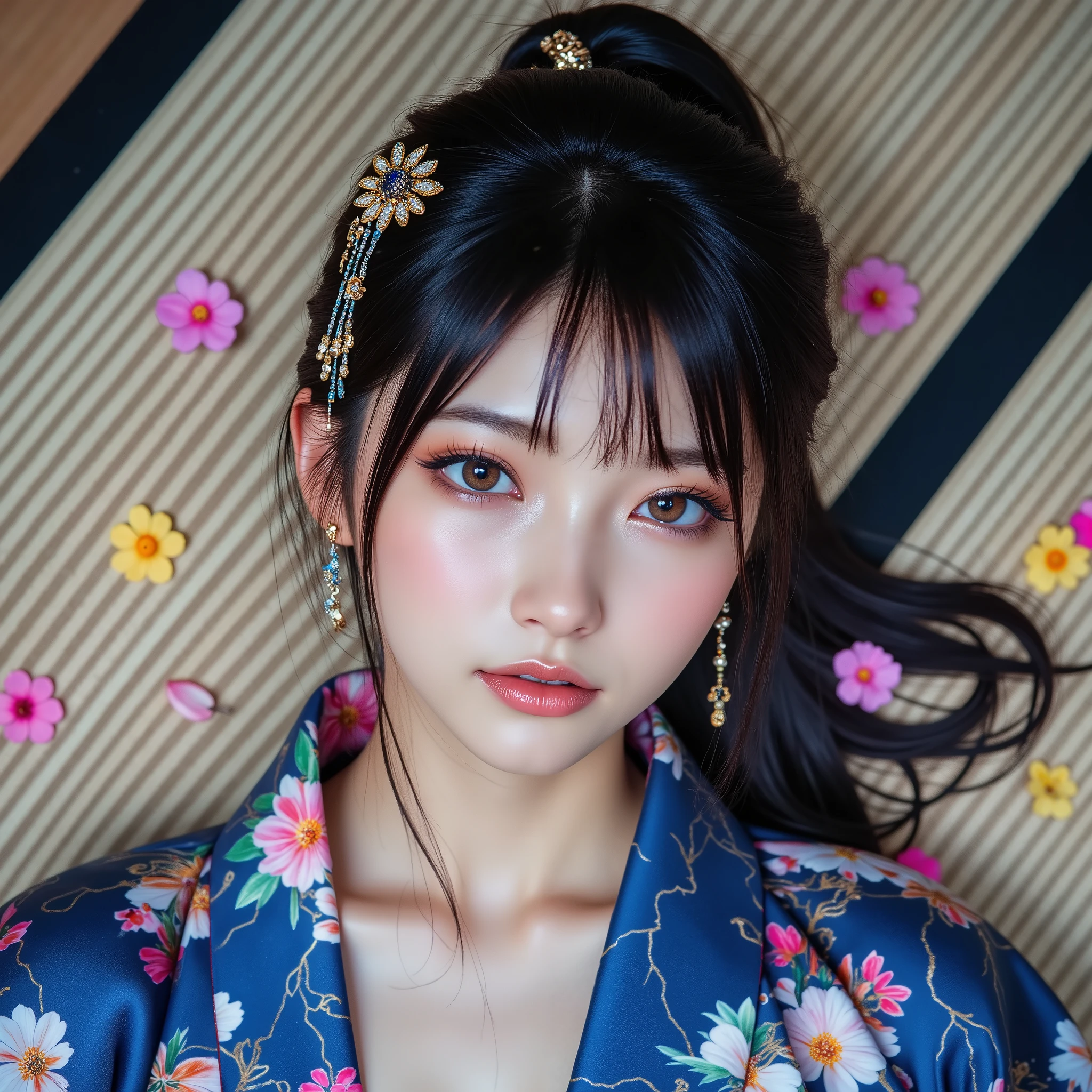 (Canon), (EOS R5), (50mm), (( Photorealistic:1.5)), (No lens flare :1.5), (超 high resolution), (masterpiece),  accurate, ( realisticな質感の肌),  more details,  high detail,  High Quality  ,  Award-winning work , 最 High Quality , 32K,  is written in depth,  digital camera,  Award-winning glamour photo  ,  professional writing , ((最 High Quality :1.5)), ((masterpiece:1.5)), (( realistic)),  high resolution, (とても美しくて可愛い1 personの日本人女性), ((Aerial view from above :1.5)), (( upper body shot lying on your back from head to knee :1.5)), (Full body shot lying on your back :1.4), ((A half-naked Japanese woman wearing a Japanese kimono)), ((Lying on your back on a beautiful tatami mat in a Japanese-style room :1.5)), (( lying on your back :1.5)), ((( wearing only Japanese kimonos ,  no underwear,  no shoulder straps , Semi-nude:1.5))), ((( The front of the kimono is wide open to see the cleavage between the shoulders and bust :1.8))), (1 person), ((Beautiful and cute,  18 year old Japanese)), (( very cute high school girl with a good shape )), ( beautiful black hair ponytail), Very beautiful and sexy,  Fascinating Beauty ,  seductive pose , Height: 160cm,  slim figure, Beautifully shaped bust , D Cup, (A very cute, cheerful smile:1.5), (Alone:1.5), ( brown eyes:1.9), ( Detailed depiction of extremely realistic skin ), (Highly detailed, realistic eyes:1.9), (Very beautiful, long, realistic eyelashes), (Highly detailed, realistic eyebrows), (丸い brown eyes :1.8), ( beautiful catchlight on the eyes), (Realistic lips with moisture ), ( white realistic teeth arranged neatly), ( Beautiful and Detailed Face :1.6), (Hourglass body shape:1.6), (Wasp waist :1.5), ( Perfectly round and beautifully shaped bust :1.8), ( clearly contoured cheekbones  :1.5), ( perfect style body  :1.8), (Healthy body :1.8), (Narrow shoulders:1.9), ( staring at viewers ), ( seductive gaze ), (Beautiful, natural-looking hands), (Beautiful pink nails of perfect length), ( show your hands as little as possible ), ( very cute smile:1.1), (Waist,  I can see my stomach:1.4), Intricate and detailed,  colorful depiction , (( A blue Japanese kimono with a beautiful and cute floral pattern designed like an orchid:1.5)), (( The kimono is large and the shoulders and chest are quite exposed :1.3)), ((( off shoulder:1.8))), (( Beautiful blue Japanese kimono with a beautiful floral pattern )), ((Kimono with a flower pattern on blue fabric )), ((I can&#39;t show my feet)), 女性 1 person, Flower Hairpin, (Ikebana can be seen behind it ),  extremely sexy sensual body , , like々 sensual elegance,  Sexy Body, Sexy appearance, Lying on the tatami mat in a Japanese-style room, The groin and thighs are exposed ,  shot taken from directly above, ( Beautiful pink, yellow, and white petals are scattered on the tatami mat), Japanese style hairpin,  Japanese Style Hair Ornament, A gentle-looking face,  thin waist , ( Beautiful cleavage of the bust can be seen quite a bit ), ((I can&#39;t show my feet)),  blur the background , Illuminate the face, dynamic pose, beautiful body line , Beautiful, realistic skin , Art Photography,  beautiful soft lighting , 