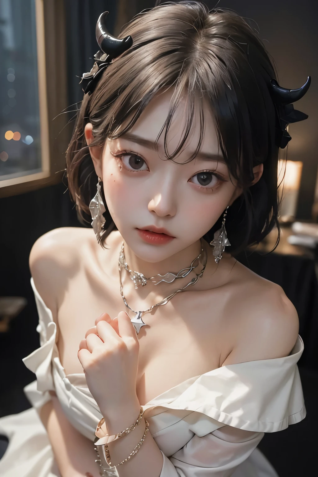 ( best quality :1.3)、( The Greatest Masterpiece:1.3)、 Highest Image Quality、RAW、( perfect body beauty :1.2)、(Night Scene:1.3)、( black dress :1.3)、( luxurious room:1.2)、( chain on hand:1.2)、 Highly Detailed Face and Skin Textures 、 detailed eyes、double eyelids、 short hair、 boyish、 unisex、 big eyes、 necklace、(( one woman))、 bracelet、 earrings、 choker、ring、chain accessories、chain、Thick chain collar、(restrain with chains)、((fall to the dark side))、((Evil Princess ))、(( cleavage in years))、 off shoulder、(palace)、(( fantasy castle))、((Devil's Bride))、((Demon Princess))、(Blushing:1.4)、( sexual arousal:1.3)、( looking at camera )、(chain choker)、(Little devil horns)、((devilize))、(assimilation by the devil)、sexy、((Sex Appeal))、Eros、Sensual、Alluring