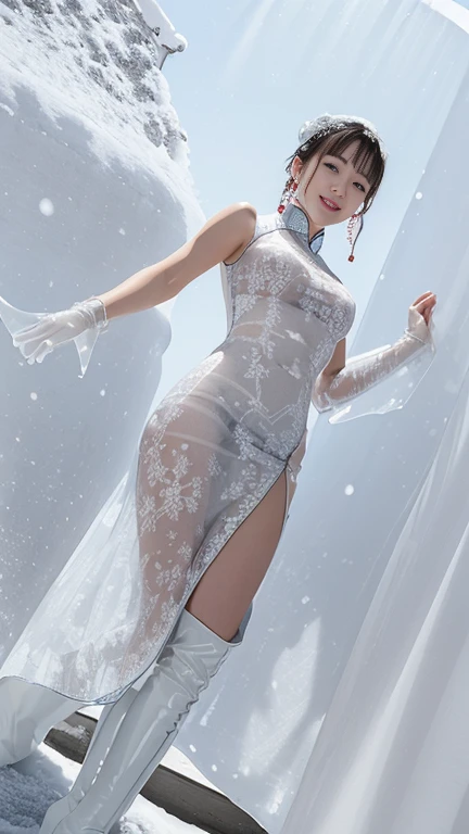 4K,skater。Ballet dance with graceful poses and movements、(((Dance gracefully on the frozen lake)))。(White suit shoes)、(white teeth smile)、big eye、Expressive、Soft sunlight and excellent shadow expression、Express an emotional and romantic atmosphere。(((Be mesmerized by the subtle details and vividness of colors in white lace dresses and tights))),The ice background is amazing.It's like a skating rink on smooth ice、The tree々The brilliance of、Improving dance performance。
