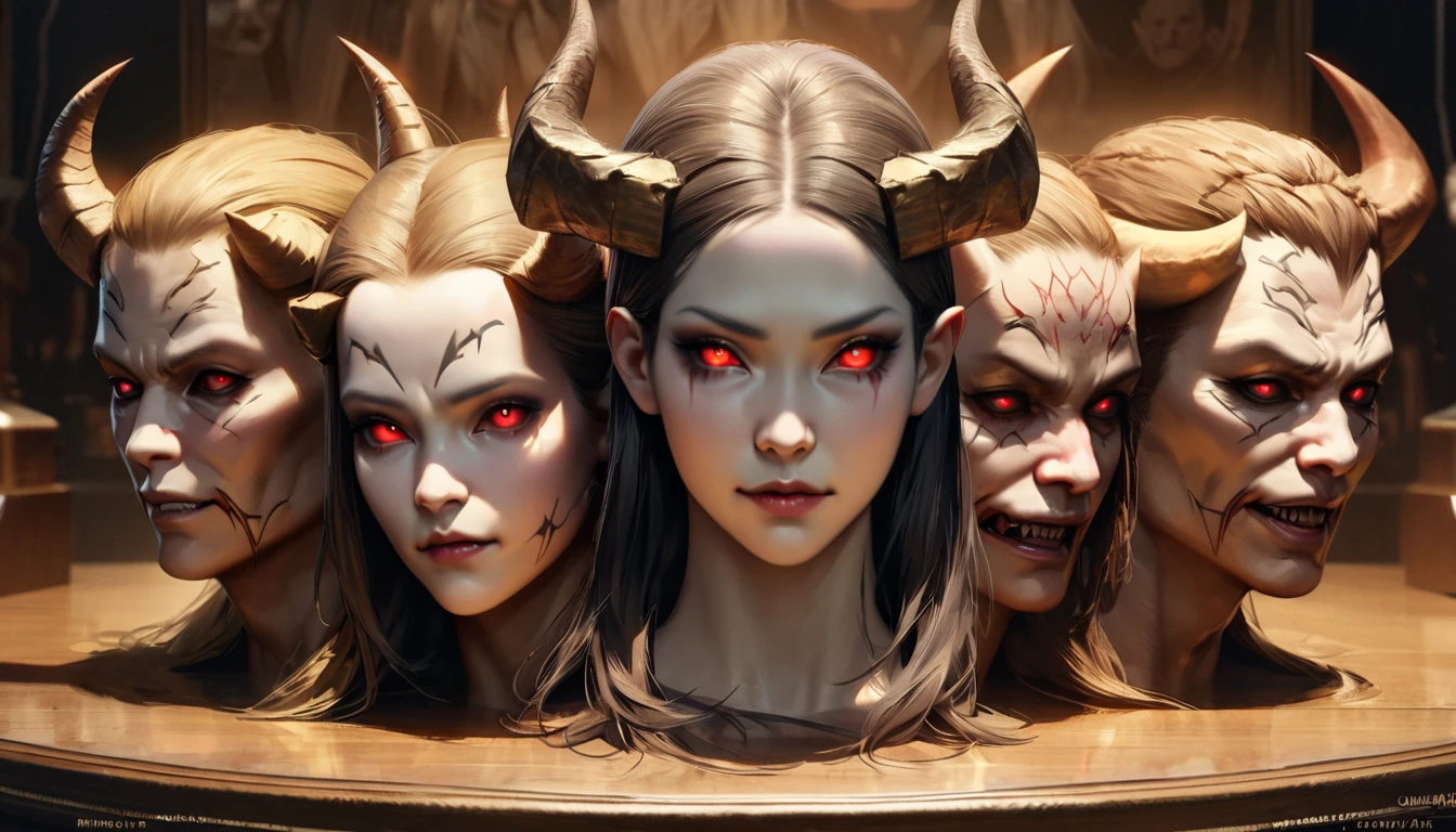 (((Masterpiece))), Best Quality, Hyper Detailed Gouache Style Painting Portrait of a Group of Enchanting Female Demons, Glowing Red/Yellow Eyes, Smooth Shadows, Hyper Realistic Textures, 8K, Best Quality, Realistic Cartoony Features, Stylized Illustration, Smooth Shadows, Correct Anatomy, Chromatic Aberration, Neon Highlights, Global Warm Lights, Dynamic Poses, Expressive Facial Expressions. This artwork, a testament to the artist's mastery, showcases a captivating ensemble of female demons. Their eyes glow with an otherworldly rad
