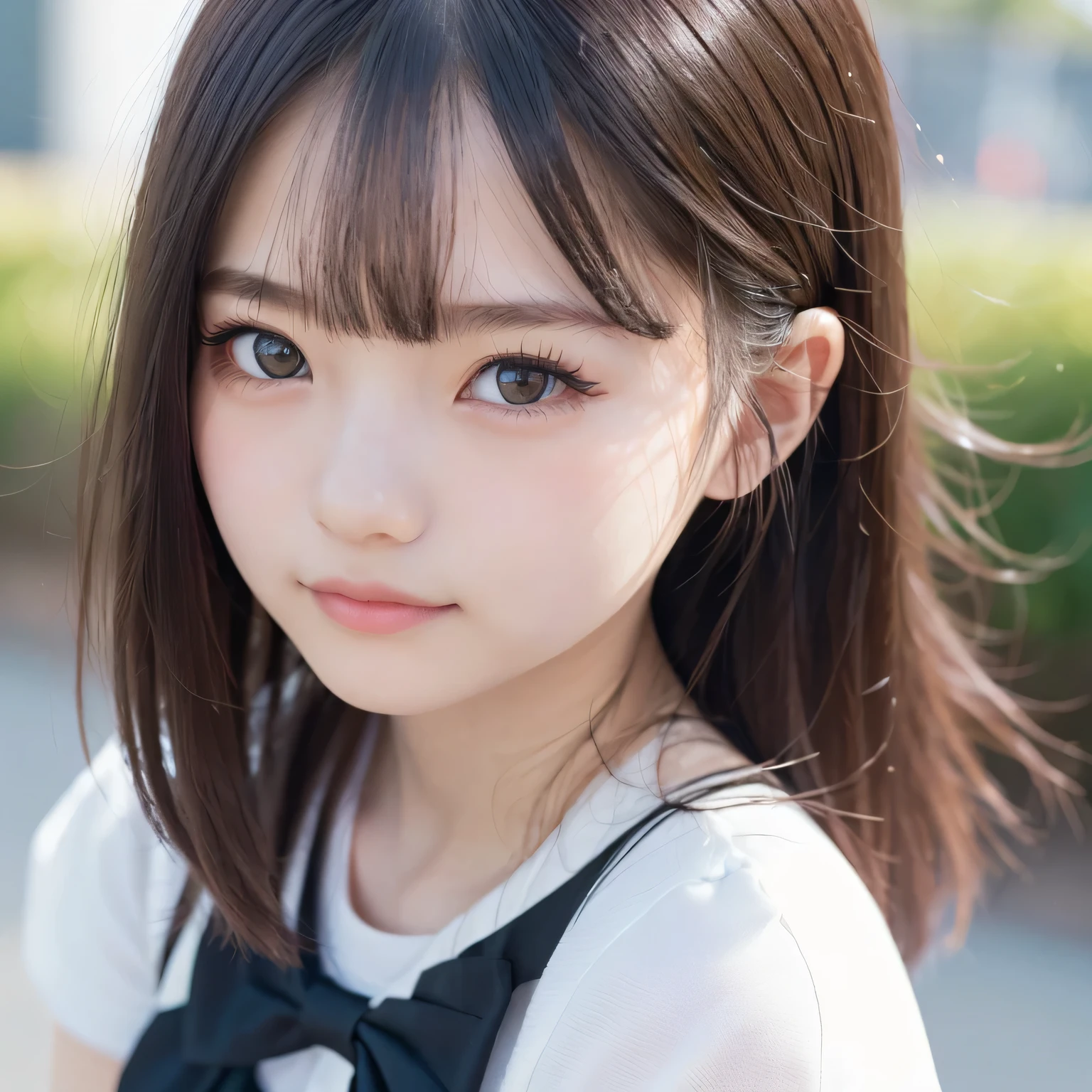Loli anime girl, Realistic Shadows, Detailed skin, Very small breasts, Black Hair, Very detailed, 8kのVery detailedな顔, perfect face shape, Perfect Lips, Perfect Nose, Correcting Beautiful Eyes, watching viewer, White shirt, Hair Flower, masterpiece, highest quality, Single woman, alone