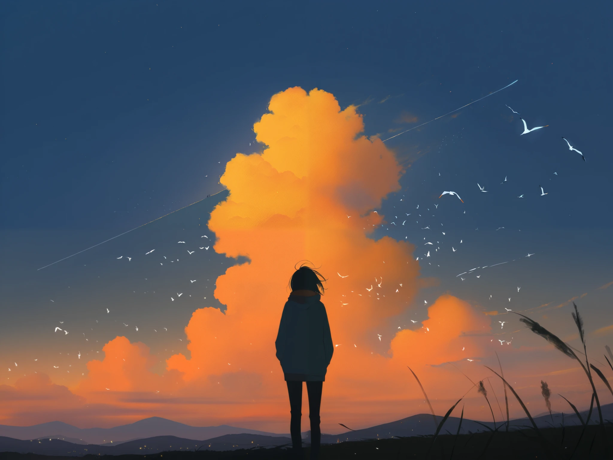 score_9, score_8_up, score_7_up, score_6_up, score_5_up, score_4_up,  
BREAK
(masterpiece: 1.0), best quality, perfect anatomy, perfect composition, perfection, 
BREAK
centered, a person standing on a hill, watching a massive flock of birds fly, mountains in background, green and orange color scheme, sunset, golden hour, beautiful, back to viewer, trees, clouds