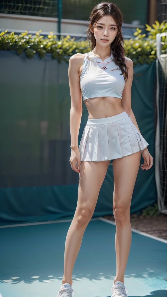 Absurd, RAW Photos, Very delicate and beautiful, masterpiece, Highest quality, Ultra-high resolution, 16K, Surreal, Very detailed, (Perfect Anatomy), Very detailed肌, Perfect figure, Very detailed CG 8k 壁紙, Age: 16, very slim figure, Tight waist, very small head, Very small face, Delicate facial features, Tearful mole, Earrings, Thin legs, (Very big round breasts), (((Full Body Shot:1.2))), Short Medium Hair, ((A micro mini skirt that reveals a little bit of her white panties)), (Reveal sports bra),The cleavage is clearly visible,Extremely exposed skin,Long legs,Thin legs,Tall,Small Ass,9 heads,beautiful girl,cute,Firm and slim thighs,long thighs,Reproduce the fair bare legs in detail,Bare legs,((Her erect nipples are clearly visible through her clothes:1.2)),(The background is a beautiful park with flowers blooming),Wear high heels,Midsummer outdoors,Sweating,((His super-muscular abs are clearly visible.:1.4)),((Inseam is half the height)),(超Thin legs),((Fashion that exposes a lot of skin around the stomach)),((Stand with your legs aligned))