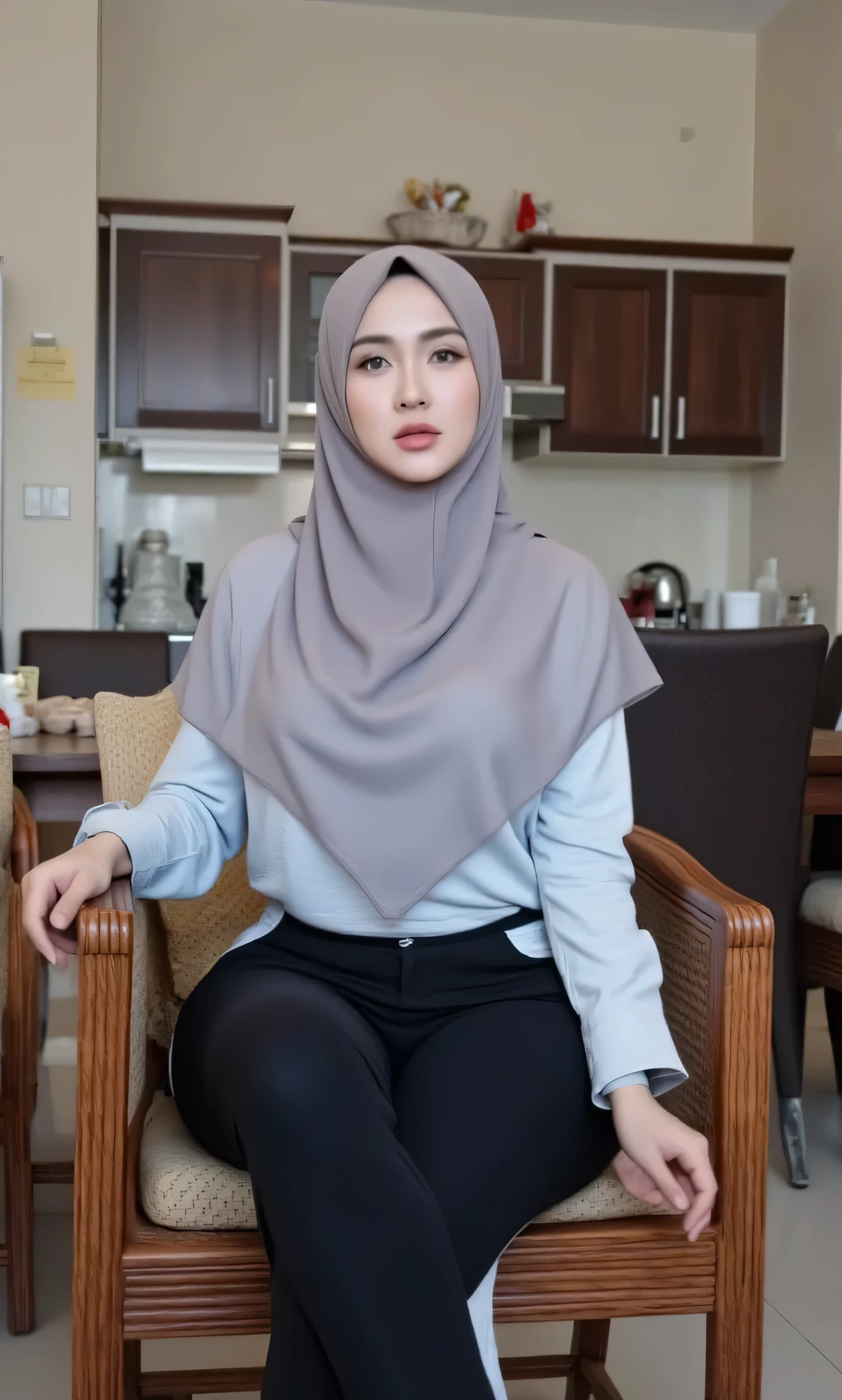 (Masterpiece: 1.2, Best Quality), Realistic, (Realistic Picture, Complex Details, Depth of Field), Best Quality, Masterpiece, Highly Detailed, Realistic, 1 mature, indonesian old wife, 45 Years Old, chest forward, big breasts, thin lips, beautiful and seductive, curvy body, wearing hijab, wearing Baggy T-shirts, drawstring, full body view, look at viewer, full photo, background living room, randomly pose sitting
