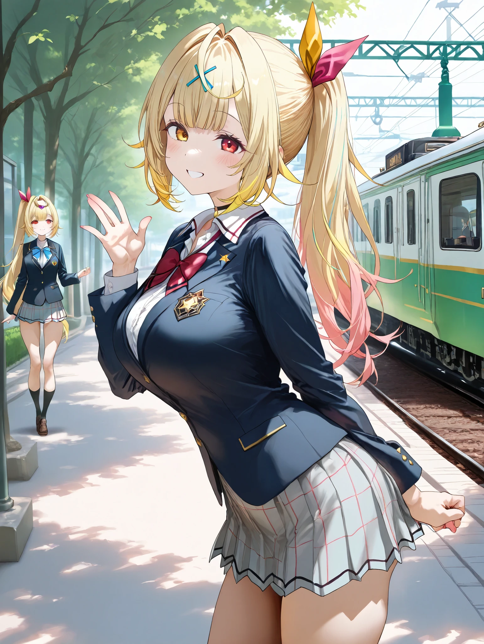 Hoshikawa Sara, gals, female college students, Tram,uniform, 1 girl, high resolution, smiles, Blonde, red eyes, ponytail, headband, best quality , anatomically correct, ribbon hair accessories,