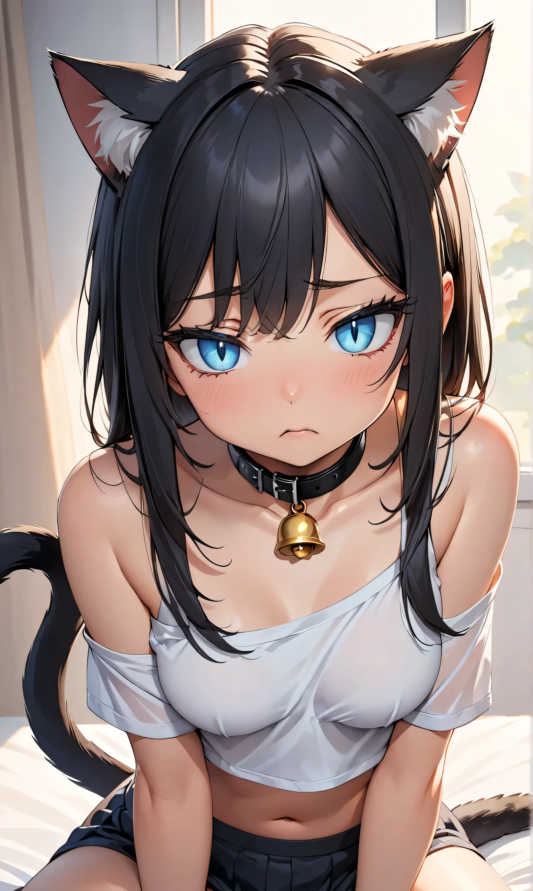 solo female, sitting on bed, Crop top shirt, small breasts, young, blue eyes, slit pupils, straight long black hair, cat ears, cat tail, confused, morning, very cute, curvaceous, close up , one bare shoulder, cat bell collar, close up,