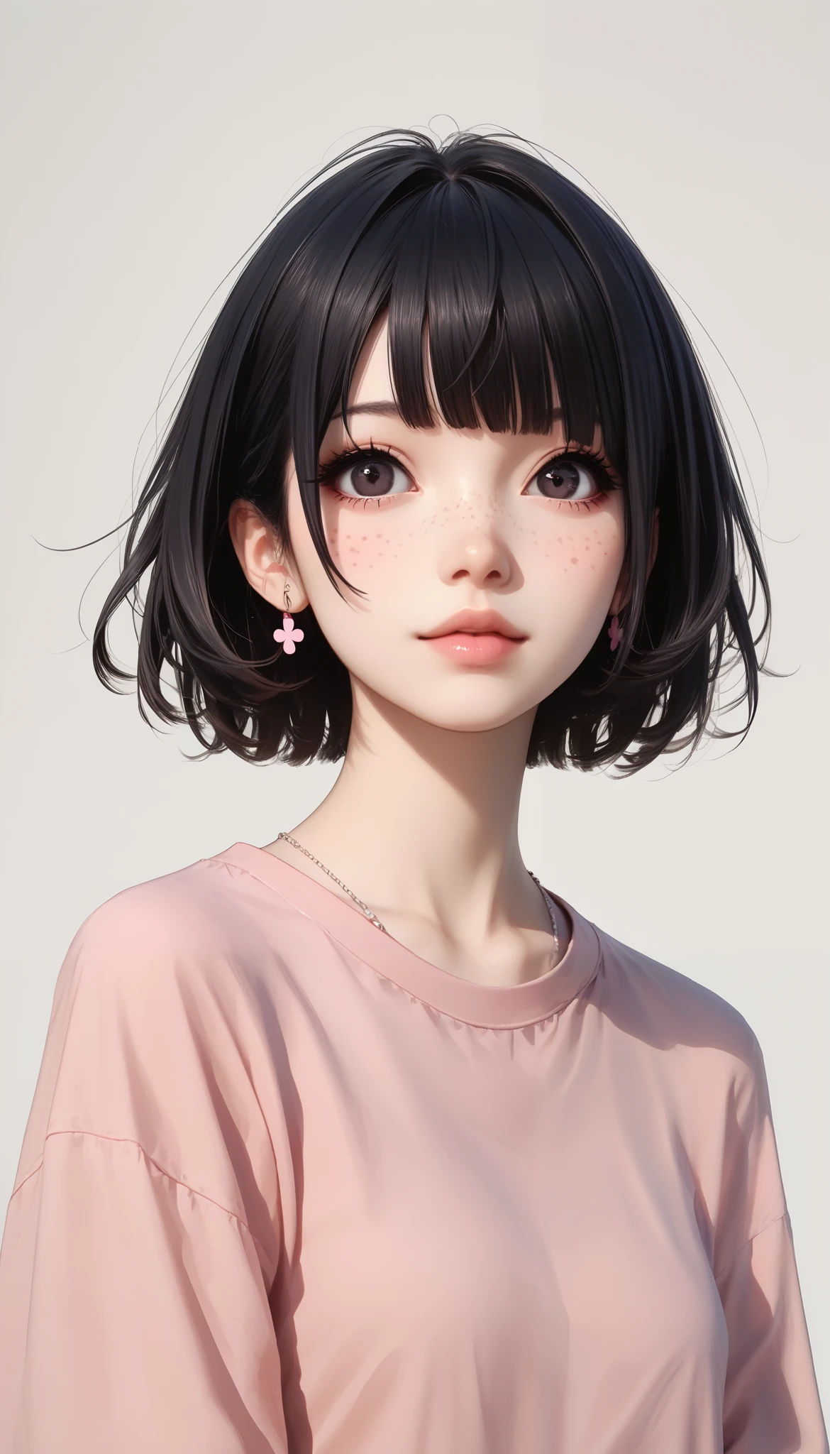 Pursue、safe_location, Masterpiece , score_9, score_8_ up, score_7_ up, easily rejected _v2, 1 girl , Alone, black hair, bangs, short hair、Freckles、 Dark Eyes、 pink thick lips 、