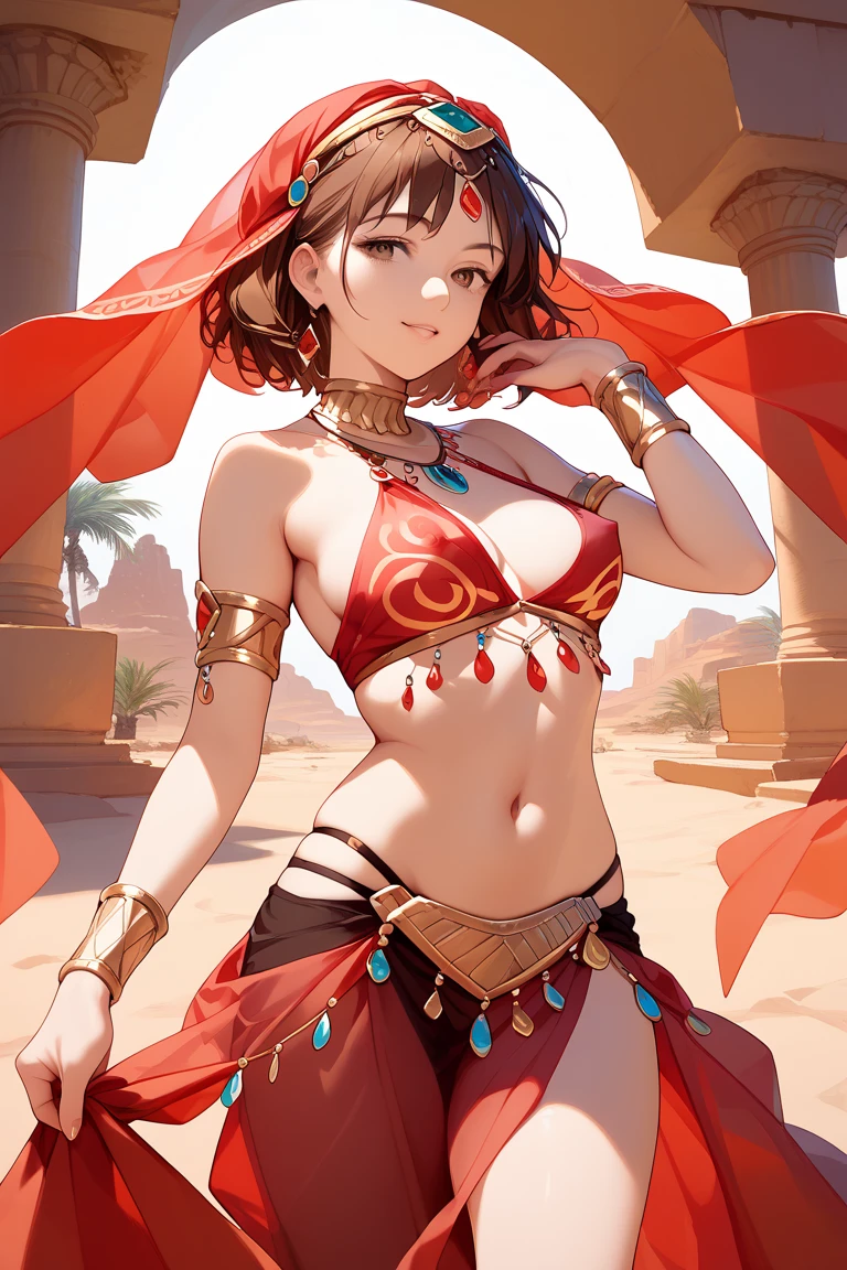 (Best quality, dynamic lighting, highly detailed, HDR) black haired young woman, twintailed, cute, pretty, beautiful, brown eyes, skinny, , tanned skin , short, small breasts, flat chest, middle eastern outfit, cleavage, sleeveless, elf ears, elf, exotic armlet, desert oasis background, middle eastern architecture, smiling