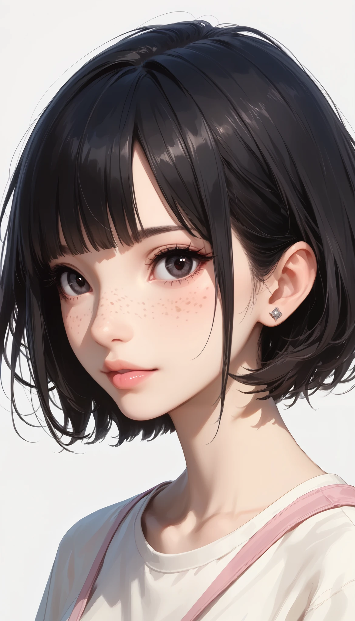 Pursue、safe_location, Masterpiece , score_9, score_8_ up, score_7_ up, easily rejected _v2, 1 girl , Alone, black hair, bangs, short hair、Freckles、 Dark Eyes、 pink thick lips 、
