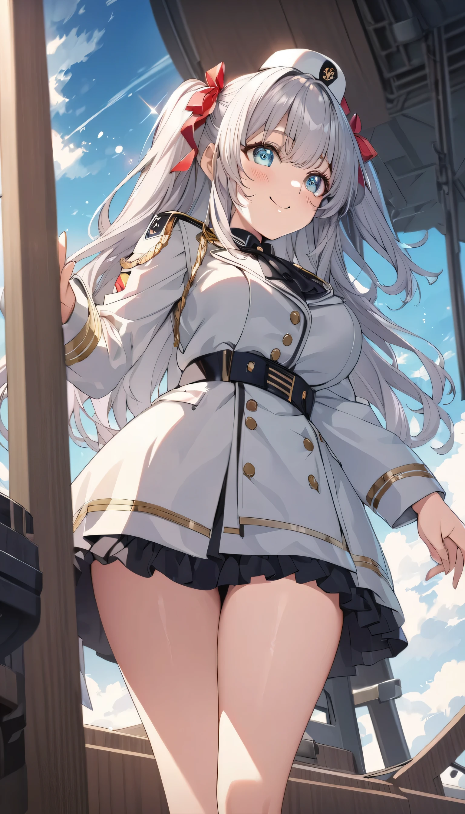 ((ultra-detailed)), (highly detailed CG illustration), (best quality:1.2), ultra-highly detailed, colorful composition, artistic photoshoot, 1girl, solo focus,  ((thigh to top:1.4)), ((cowboy shot:1.4)), moe anime character,  girl, dainty facial structure, (bab(round face), ((rounded chin:1.2)), ((ideal ratio body proportions)), celia-default, celia claire, (blue eyes), sparkle eyes, silver hair color, two side up, (red hair ribbon), ample breasts, ((German Navy military uniform during World War II)), ((German Navy military captain hat during World War II)), ((gold aiguillette)), ((salute with right hand)), ((standing on a warship)), beautiful detailed sky, best quality, masterpiece, from front, expecting, pink cheek, blush, light pink gloss slip, portrait, depth of field, soft lighting, sidelighting, (shine), lighting, caustics, ray tracing, smile, perfect face, lustrous skin, highly  detailed face, highly detailed eyes, perfect face, perfect nose, perfect hair, perfect eyes, perfect anatomy, beautiful hair, beautiful small face, extremely detailed face, beautiful detailed eyes, beautiful clavicle, beautiful body, beautiful huge breasts, leavage, breasts squeezed together, equalize the size of the left and right breasts, beautiful thin thighs,  beautiful legs, beautiful fingers, 4 fingers, 1 thumb, lovely, (very detailed background:1.0), (highly detailed background:1.0), spring aesthetic, intricate details, Tight atmosphere, spring colors palette, chromatic aberration