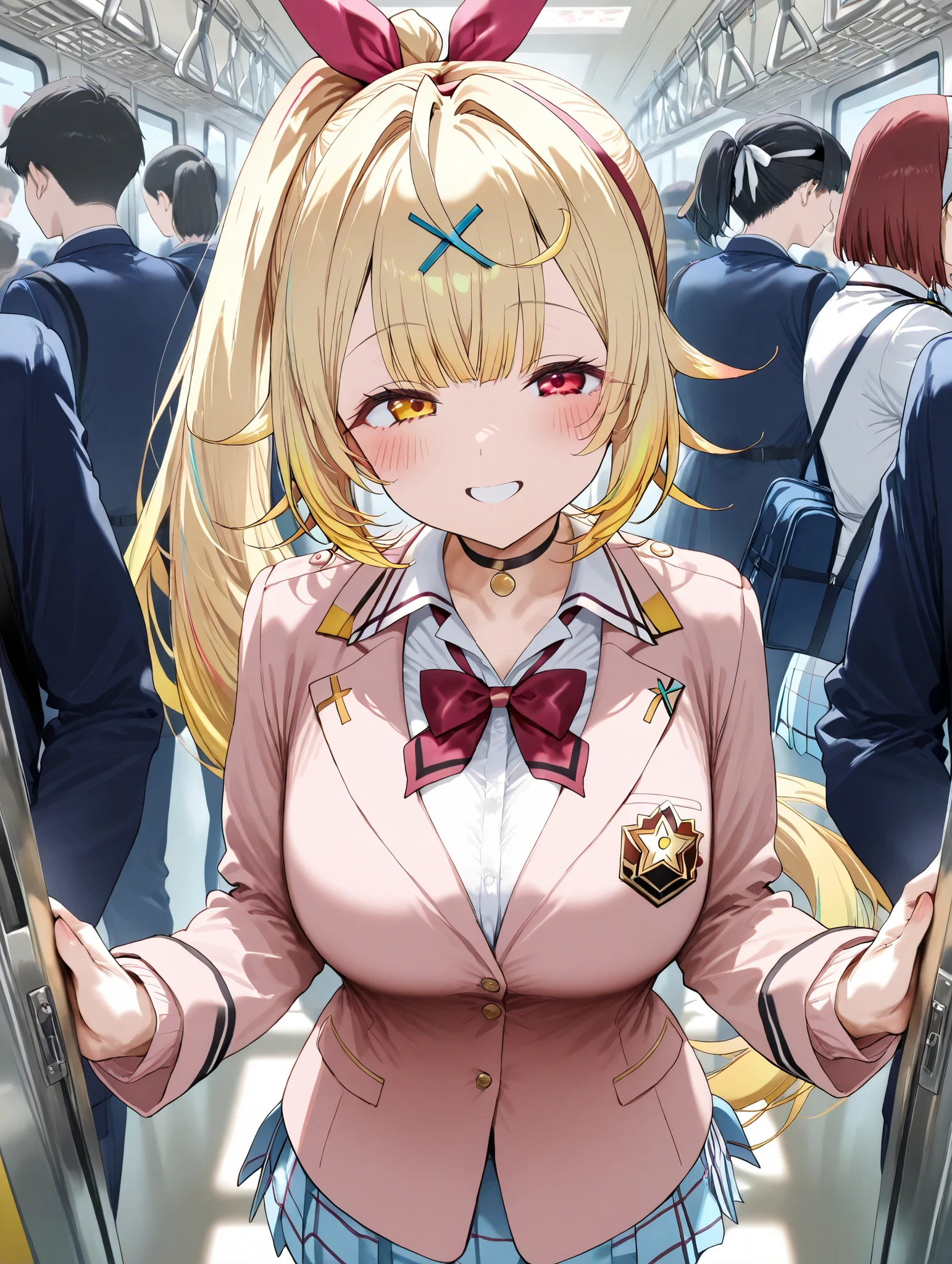 Hoshikawa Sara, gals, crowded trains near the door,uniform, 1 girl, high resolution, smiles, Blonde, red eyes, ponytail, headband, best quality , anatomically correct, ribbon hair accessories,
