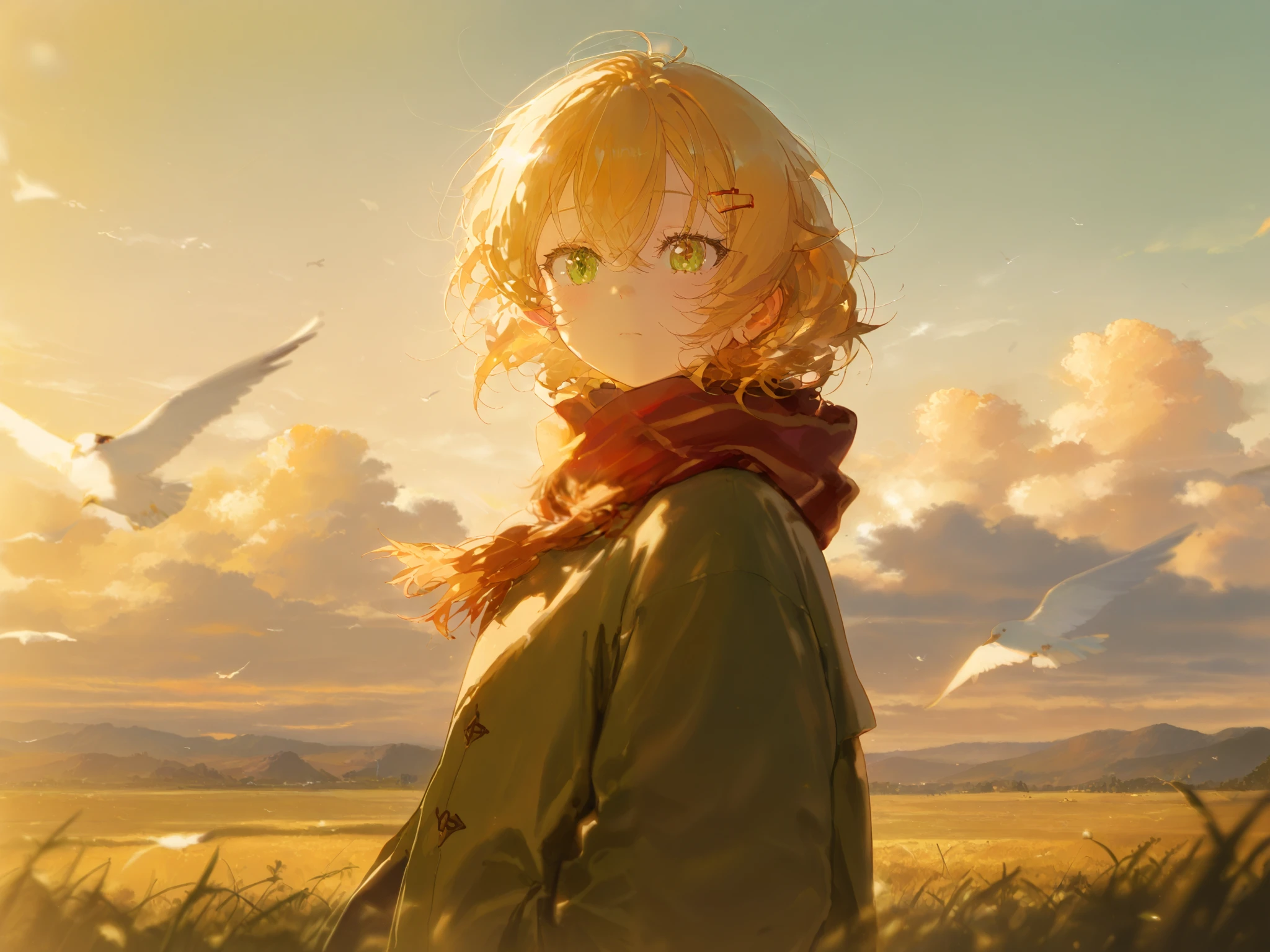 score_9, score_8_up, score_7_up, score_6_up, score_5_up, score_4_up,
BREAK
(masterpiece: 1.0), best quality, perfect anatomy, perfect composition, perfection, very aesthetic, absurdres
BREAK
centered, a person standing on a hill, watching a massive flock of birds fly, mountains in background, green and orange color scheme, sunset, golden hour, beautiful, back to viewer, trees, clouds