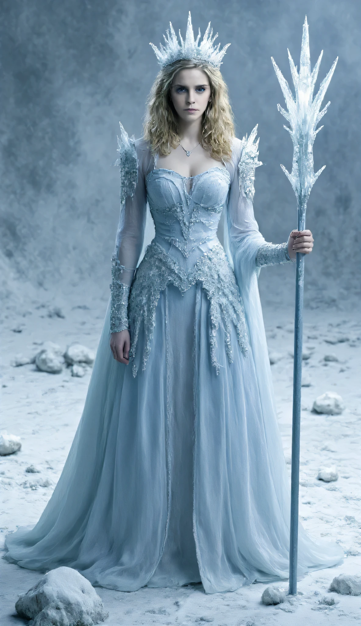 A tall, regal woman wearing an icy crown. Her gown resembles a frozen waterfall, and crystalline ice spikes emanate from her scepter.