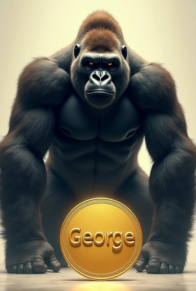 Full body primate man holding Bitcoin coin in hand.