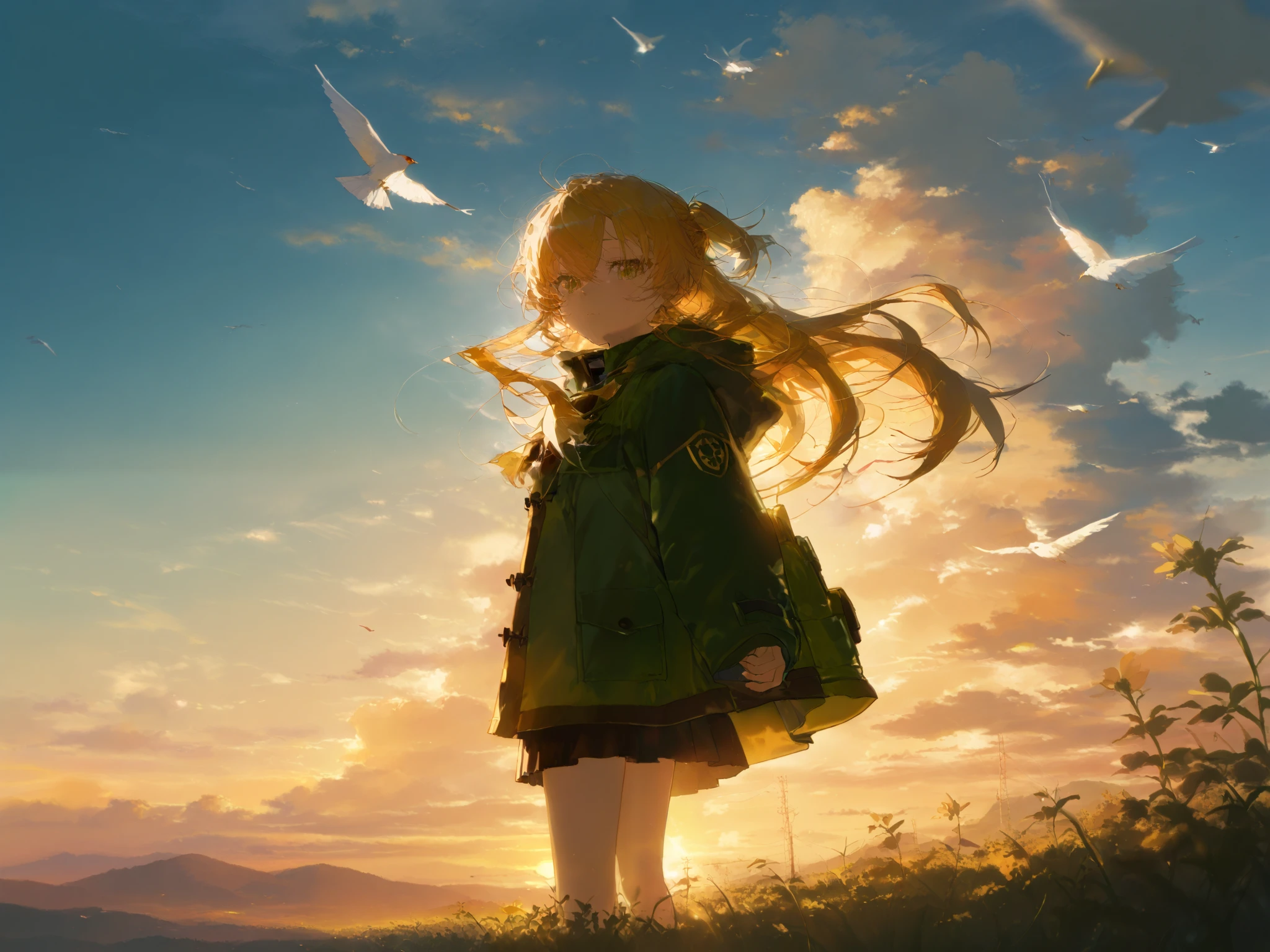 score_9, score_8_up, score_7_up, score_6_up, score_5_up, score_4_up,
BREAK
(masterpiece: 1.0), best quality, perfect anatomy, perfect composition, perfection, very aesthetic, absurdres
BREAK
centered, a person standing on a hill, watching a massive flock of birds fly, mountains in background, green and orange color scheme, sunset, golden hour, beautiful, back to viewer, trees, clouds
